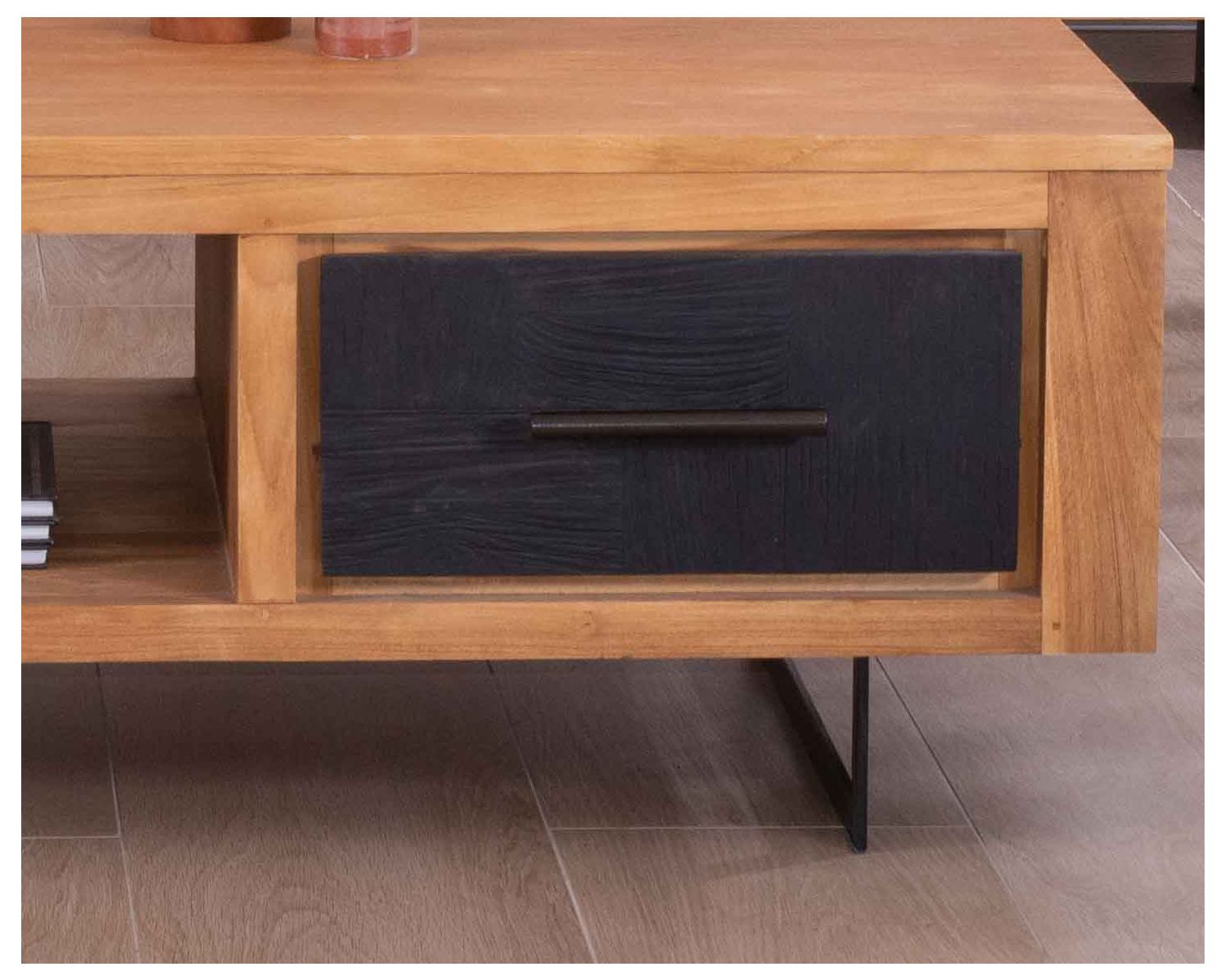 Tavolino rettangolare "Trend" in teak di recupero, 2 cassetti