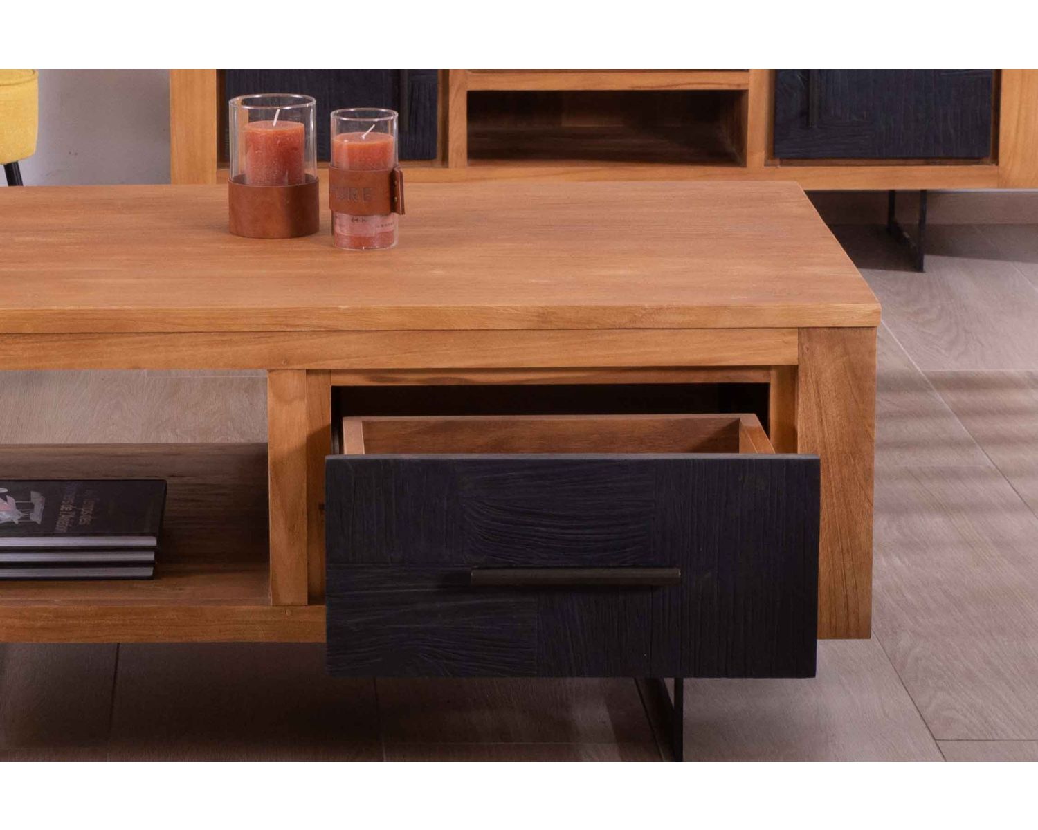 Tavolino rettangolare "Trend" in teak di recupero, 2 cassetti