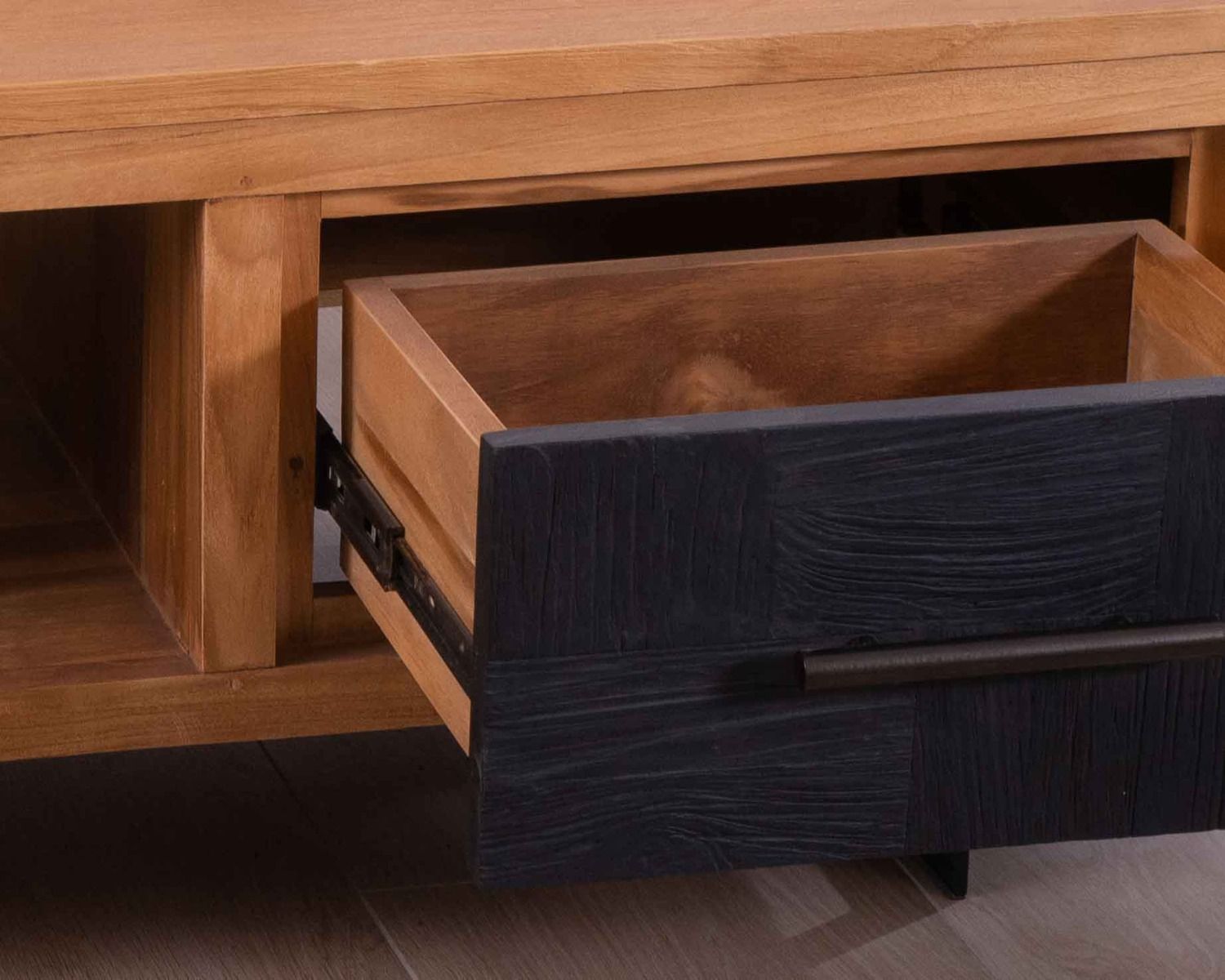 Tavolino rettangolare "Trend" in teak di recupero, 2 cassetti