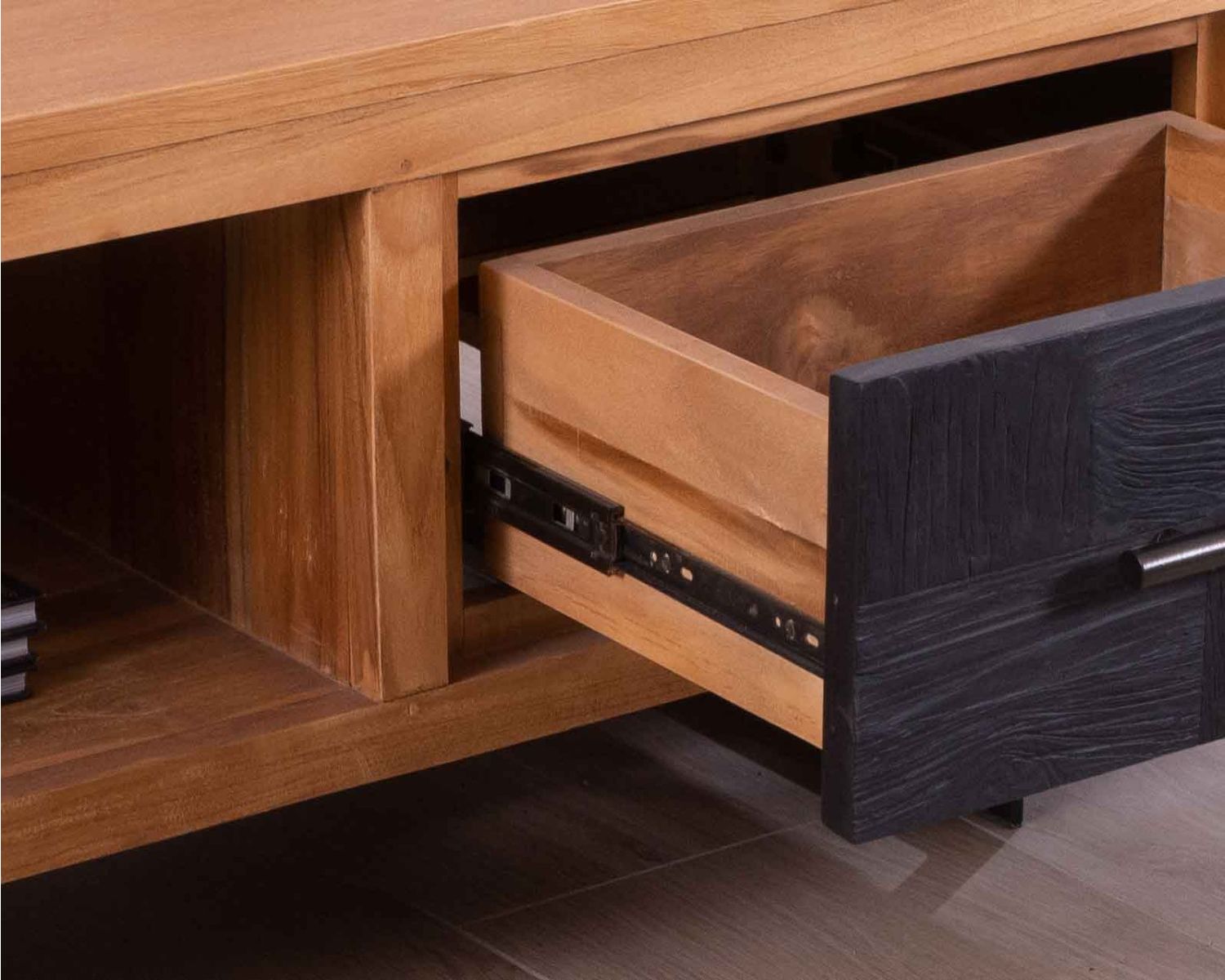 Tavolino rettangolare "Trend" in teak di recupero, 2 cassetti