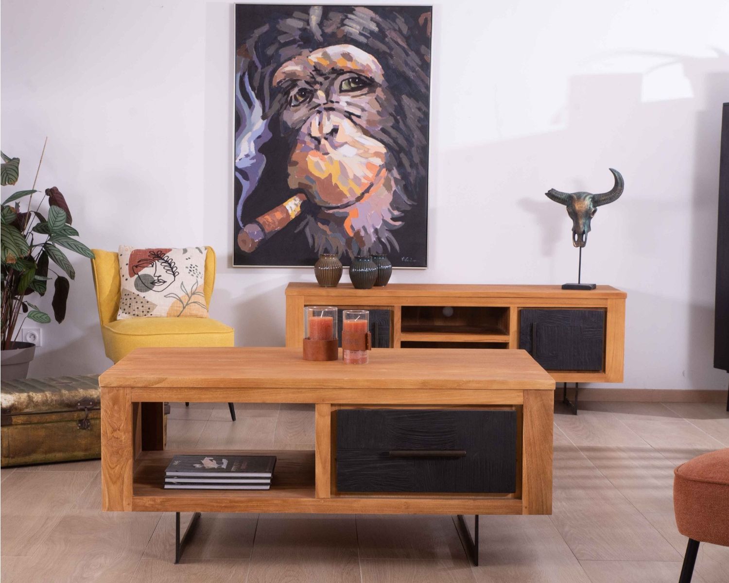 Tavolino rettangolare "Trend" in teak di recupero, 2 cassetti