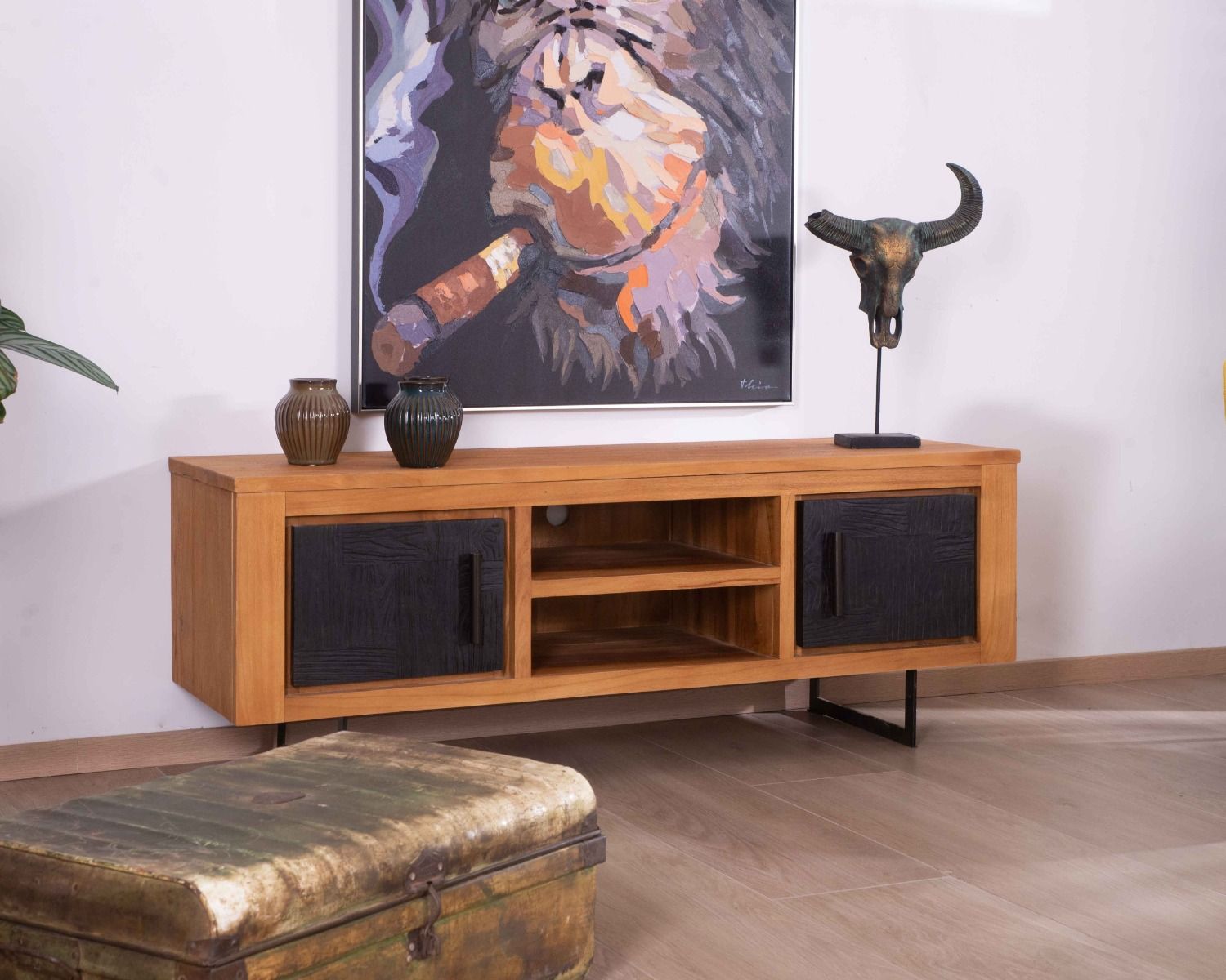 Mobile TV moderno 'Trend' a 2 ante e 2 nicchie in teak di recupero e metallo