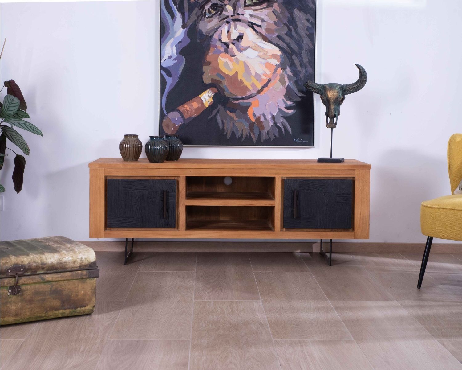 Mobile TV moderno 'Trend' a 2 ante e 2 nicchie in teak di recupero e metallo