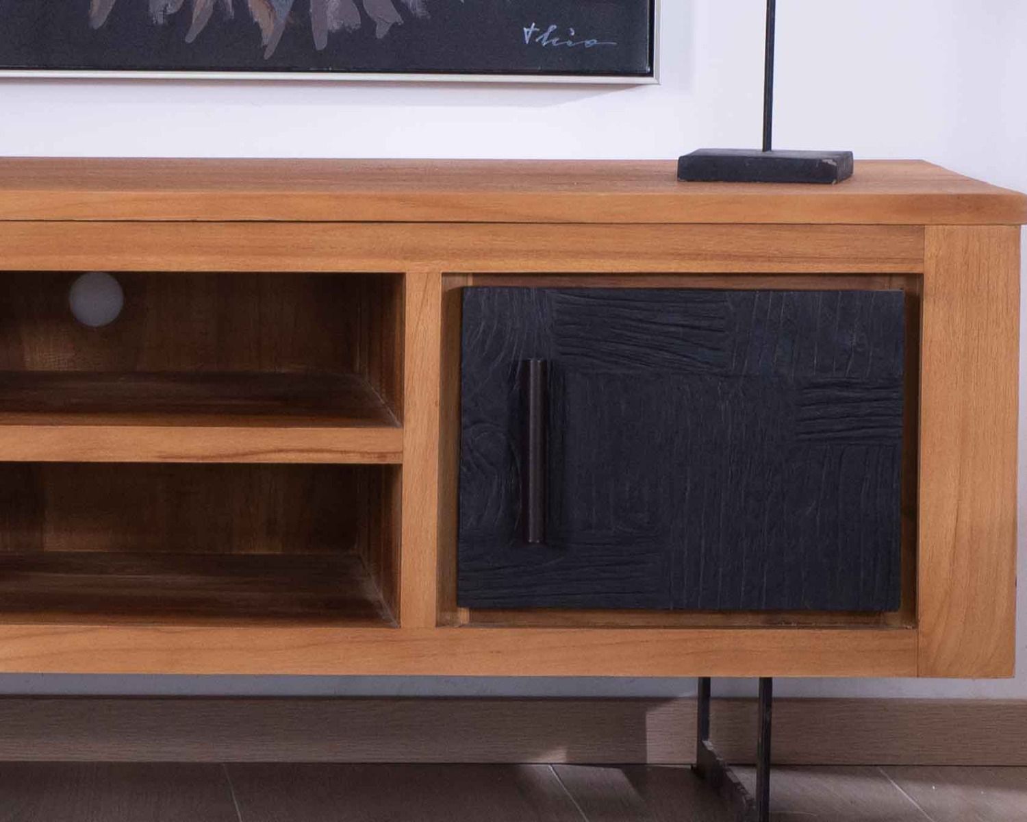 Mobile TV moderno 'Trend' a 2 ante e 2 nicchie in teak di recupero e metallo