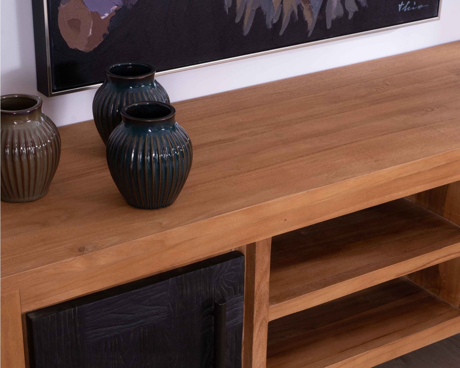 Mobile TV moderno 'Trend' a 2 ante e 2 nicchie in teak di recupero e metallo