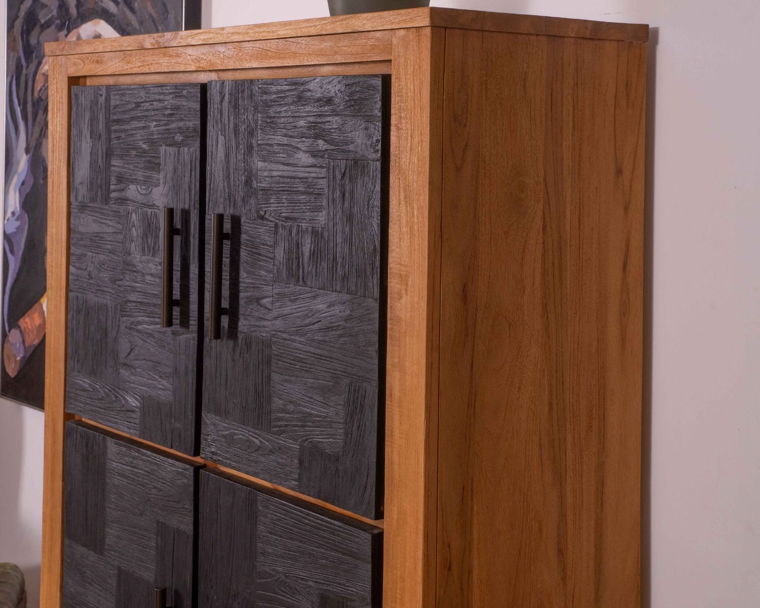 Credenza a 4 ante "Trend" in teak naturale e nero di recupero