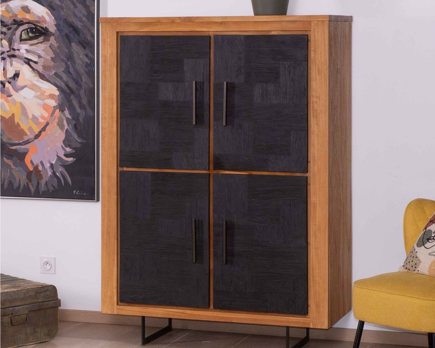 Credenza a 4 ante "Trend" in teak naturale e nero di recupero