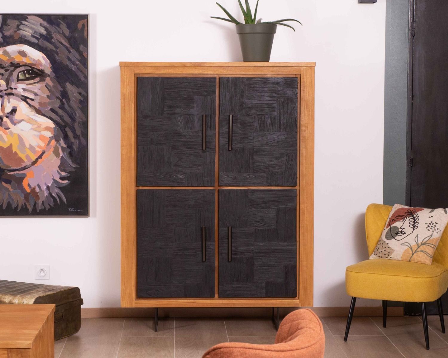 Credenza a 4 ante "Trend" in teak naturale e nero di recupero