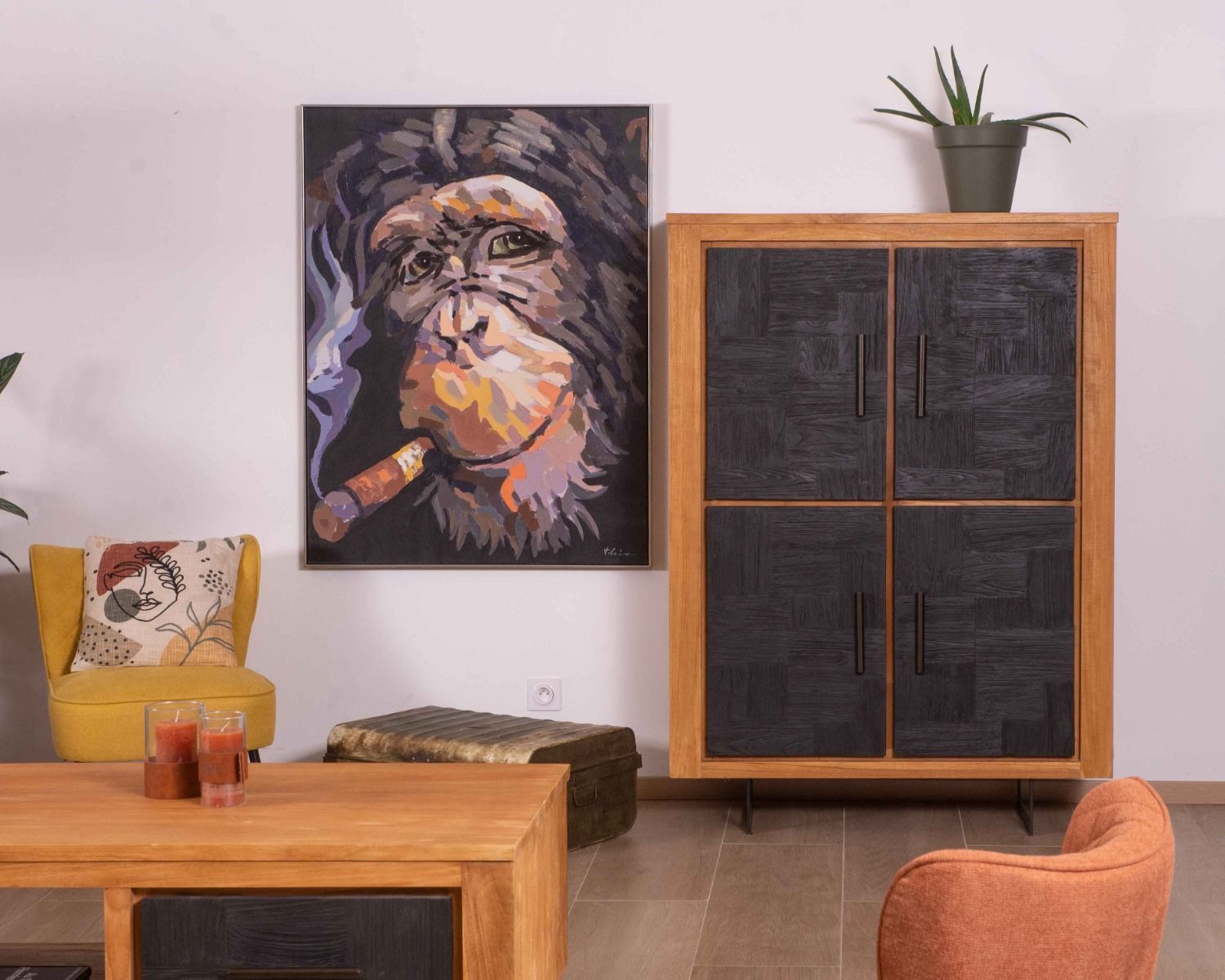 Credenza a 4 ante "Trend" in teak naturale e nero di recupero