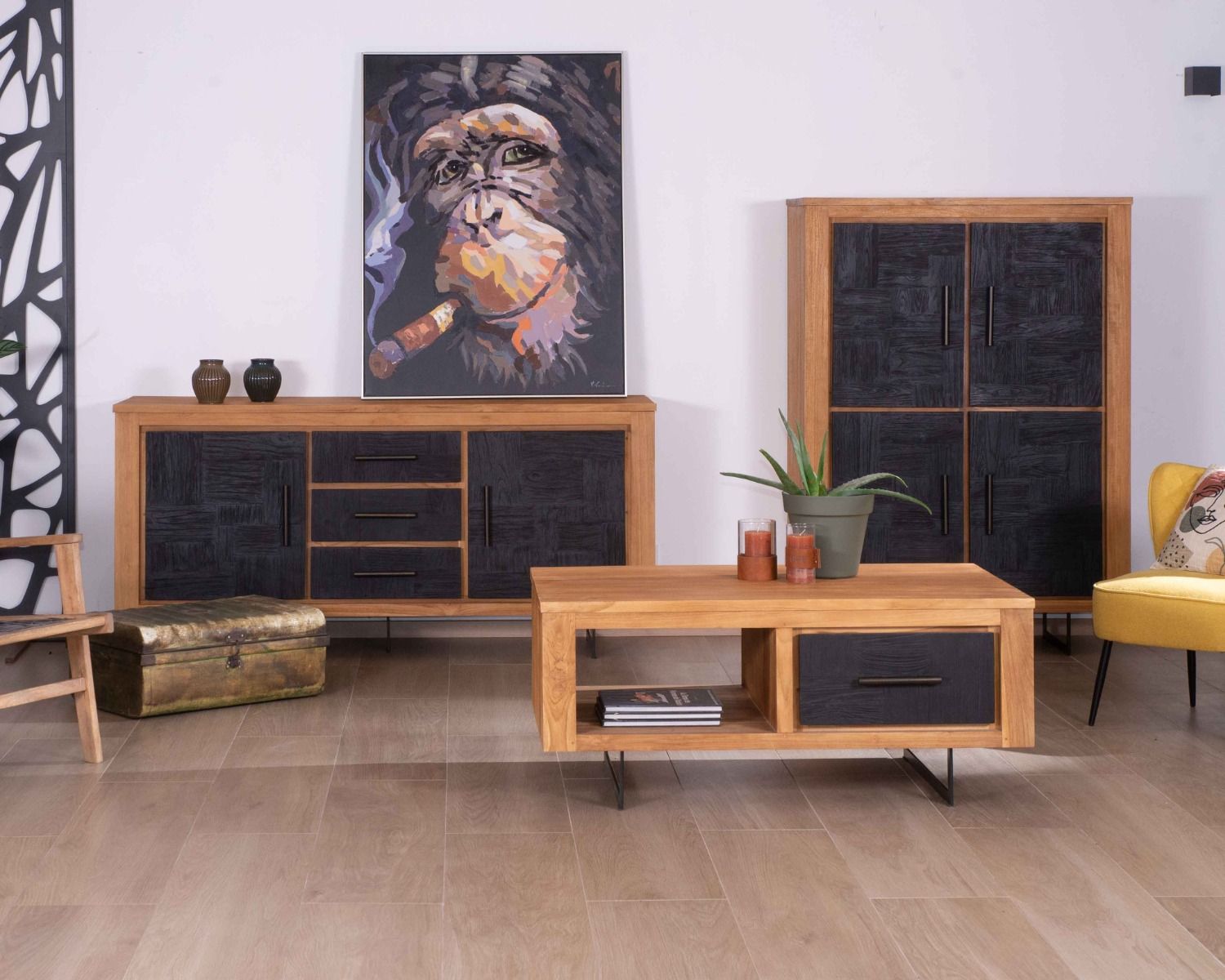 Tavolino rettangolare "Trend" in teak di recupero, 2 cassetti