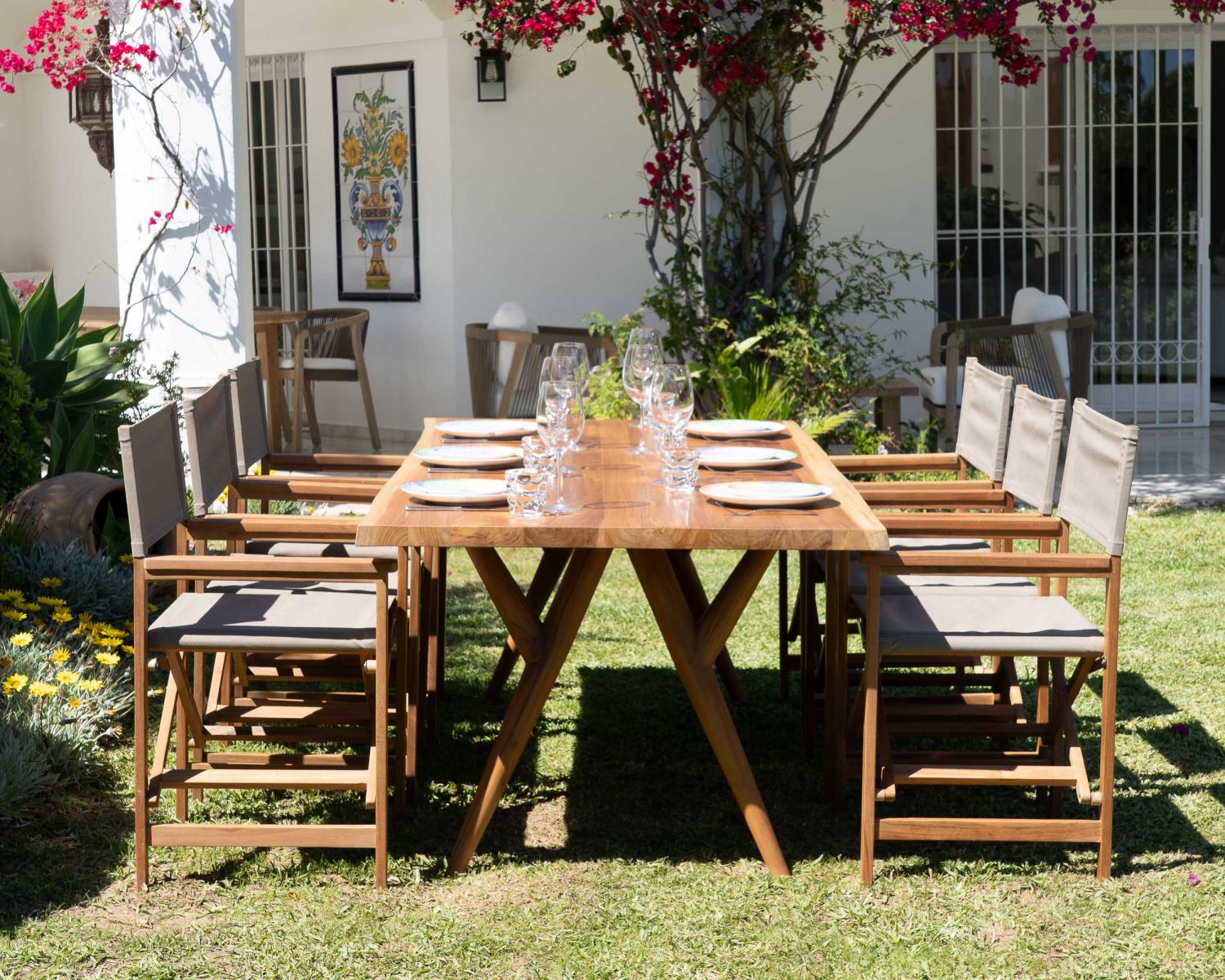 Sedia da regista pieghevole per esterni "Loddy" in teak e tessuto