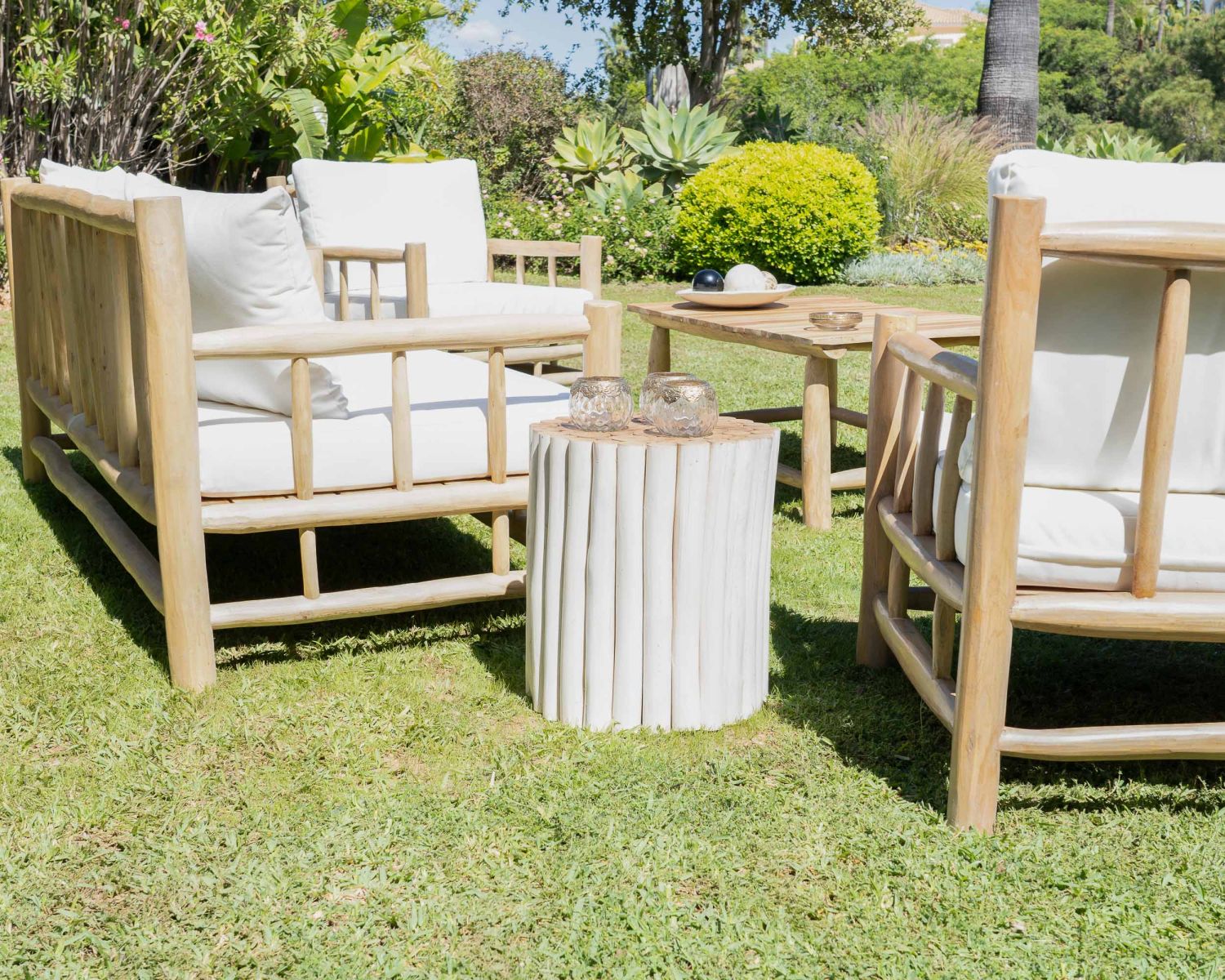 Tavolino in stile etnico "Sumatra" in rami e legno di teak bianco