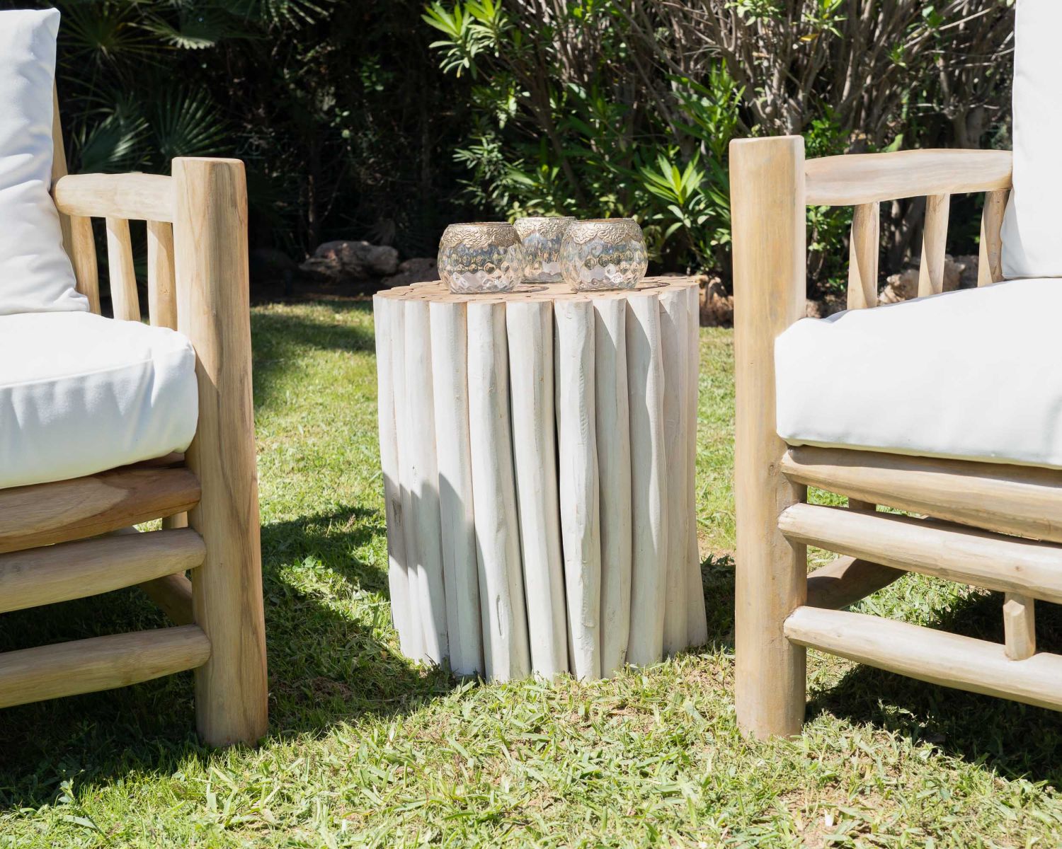 Tavolino in stile etnico "Sumatra" in rami e legno di teak bianco