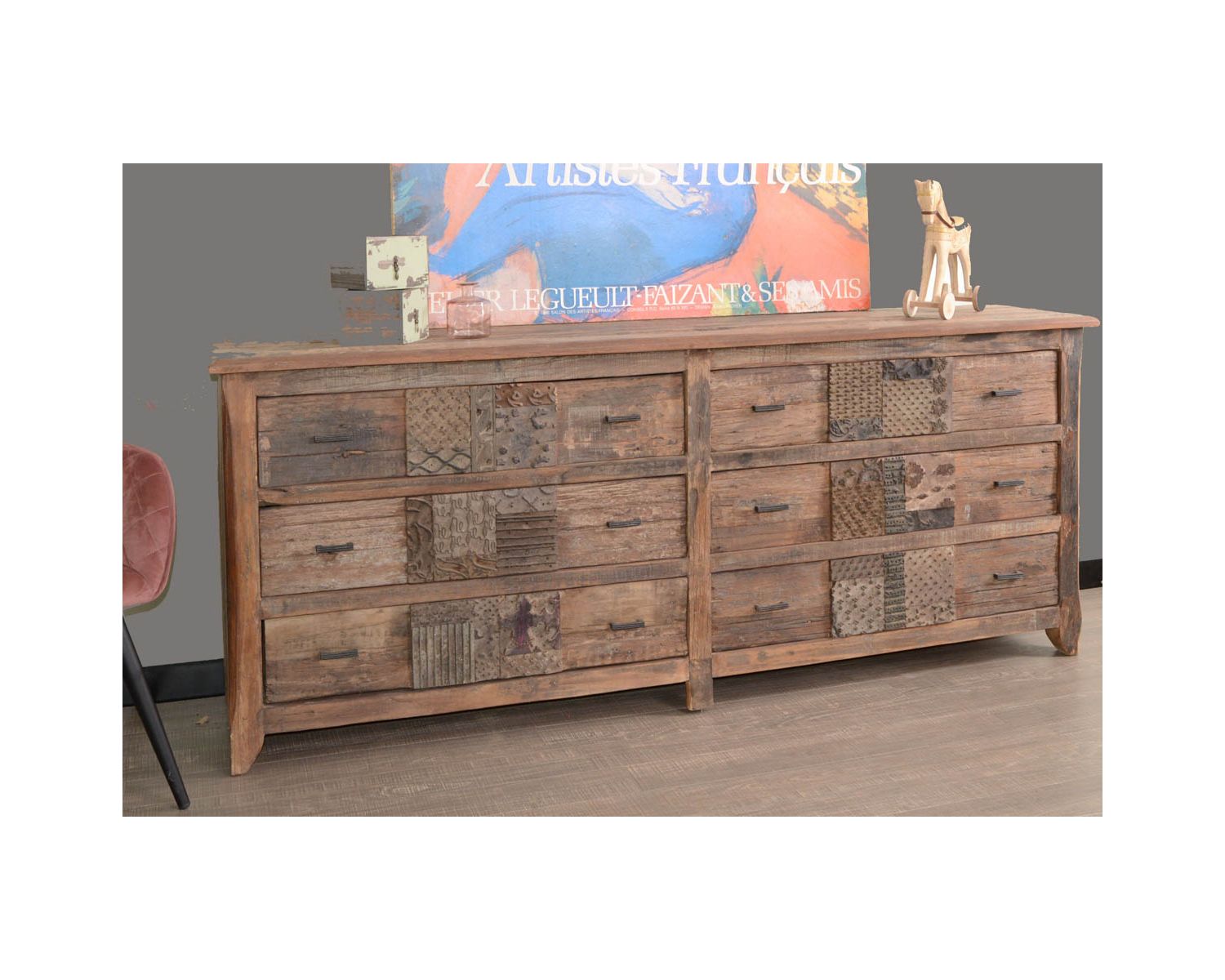 Cassettiera bassa "nepalese" di 195 cm in legno di recupero con 6 cassetti