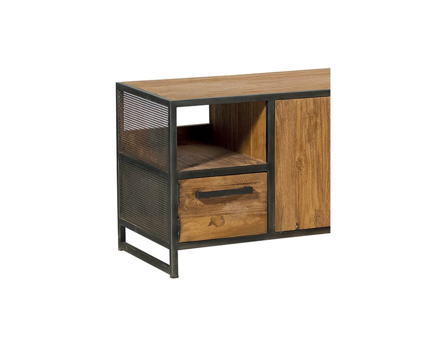 Porta TV basso "Athéna" in metallo antico e teak recuperato