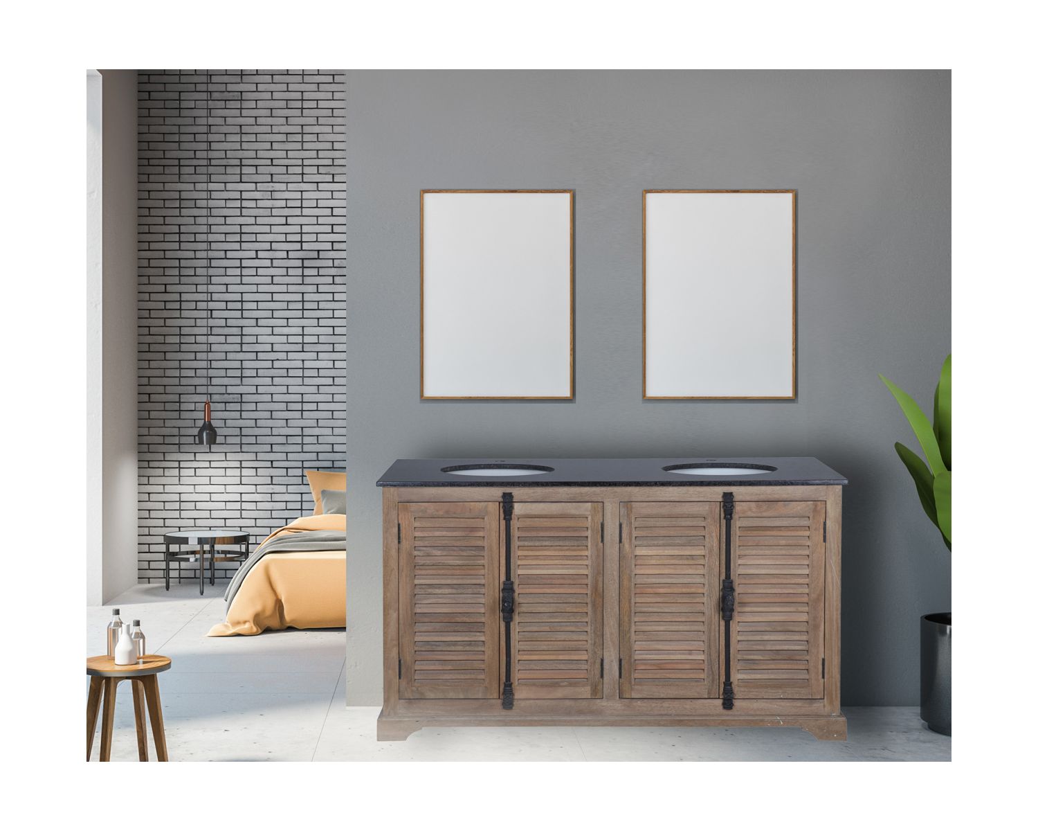 Mobiletto da bagno "Persienne" 150 cm con bulloni in cremonese e maniglie in marmo