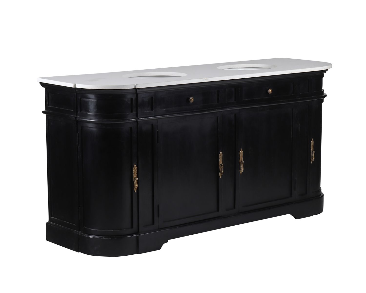 Mobile lavabo doppio "Églantine" con angoli arrotondati in legno nero e quarzo bianco