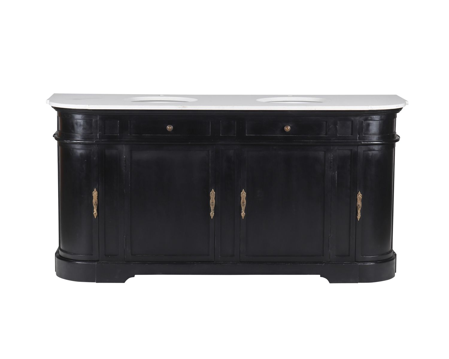 Mobile lavabo doppio "Églantine" con angoli arrotondati in legno nero e quarzo bianco