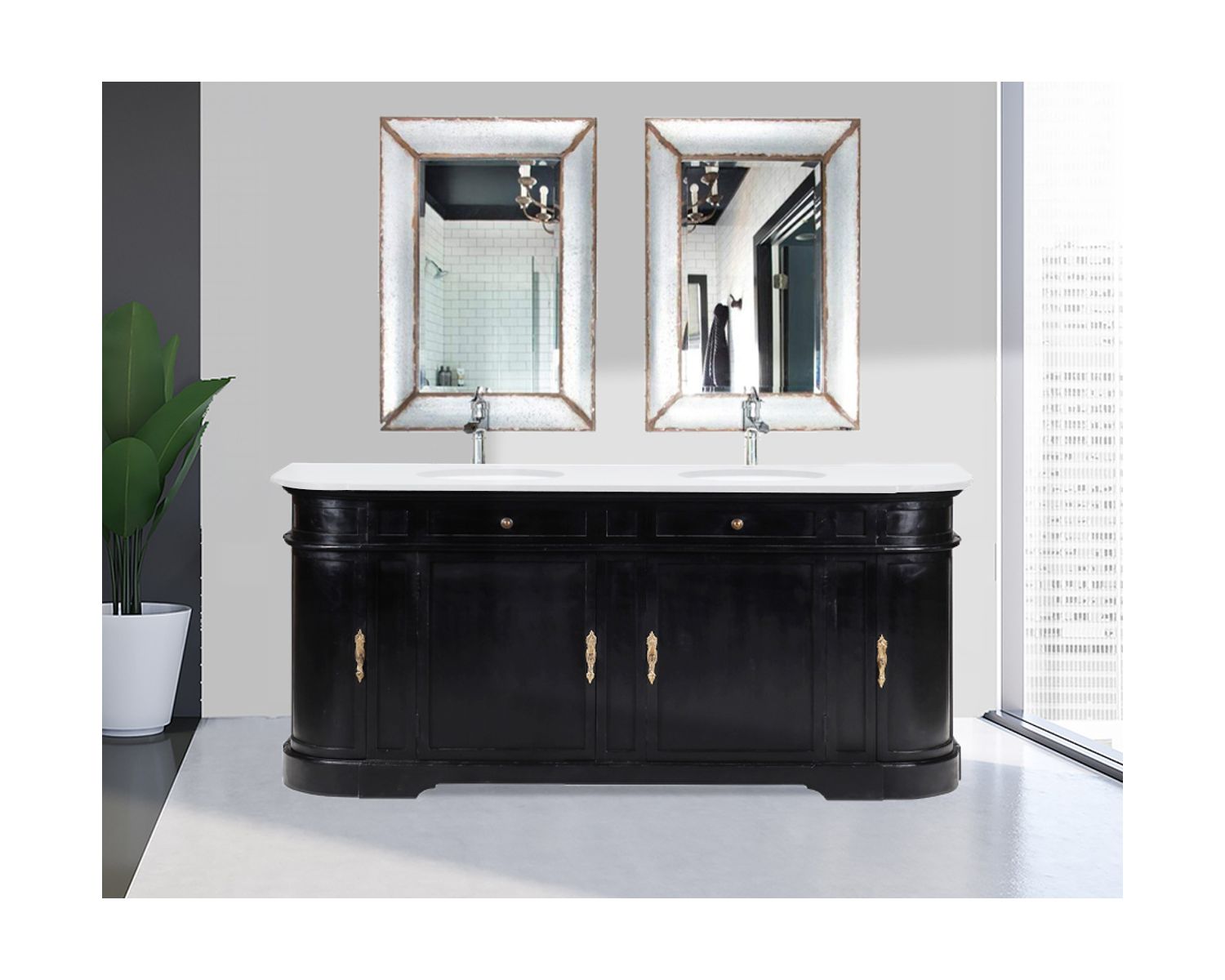 Mobile lavabo doppio "Églantine" con angoli arrotondati in legno nero e quarzo bianco