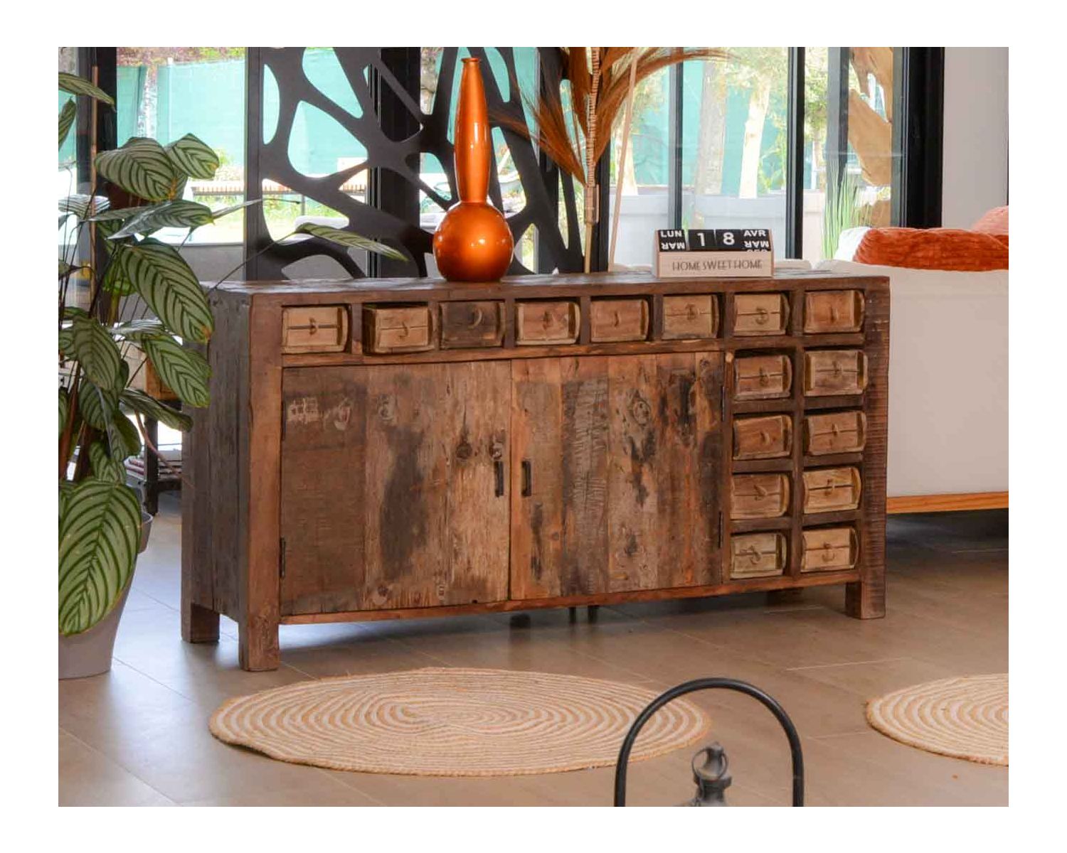 Buffet etnico basso in legno esotico grezzo di recupero 150 cm "Nepalese