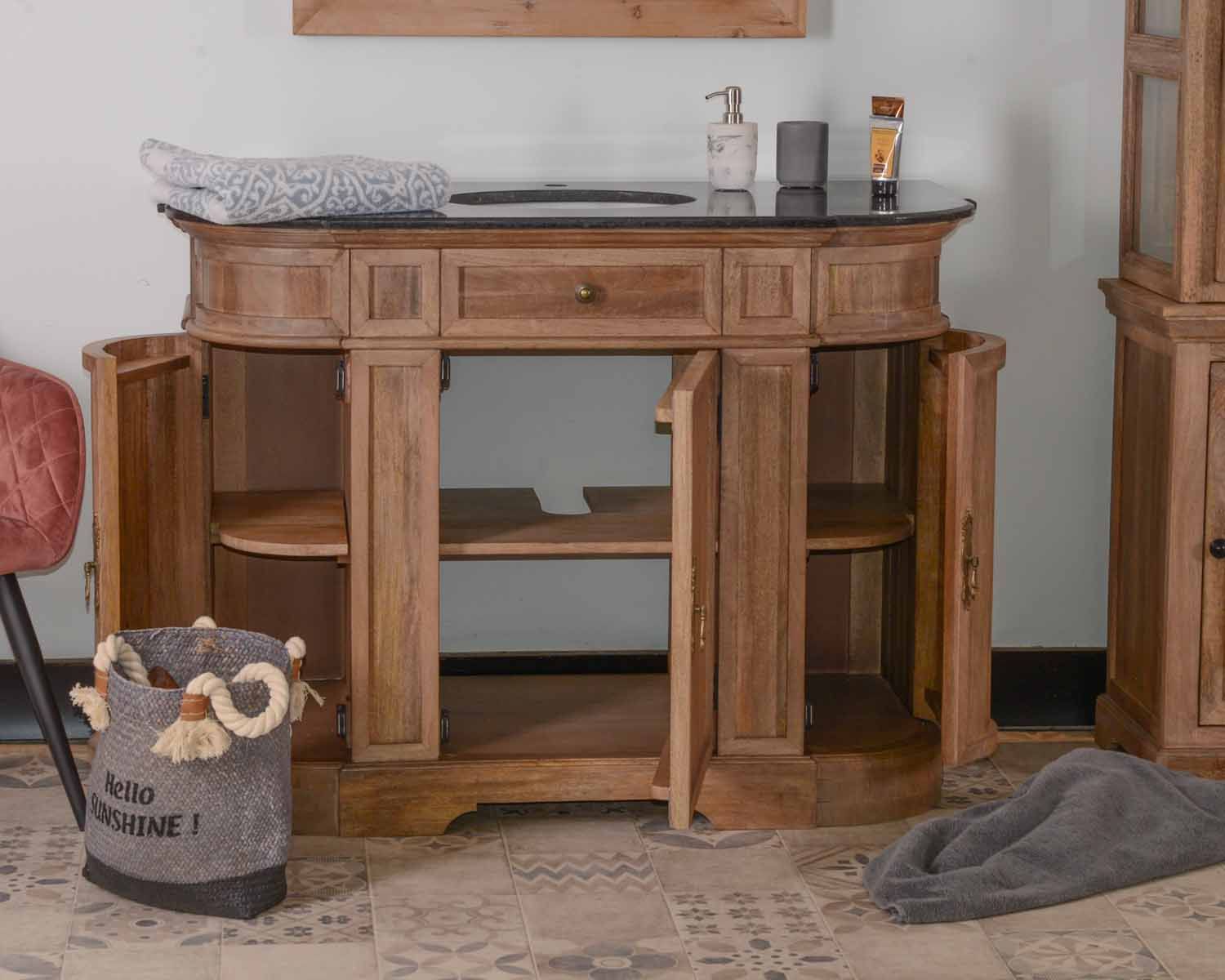 Mobile da bagno "Églantine" in legno massiccio arrotondato con 1 lavabo in pietra