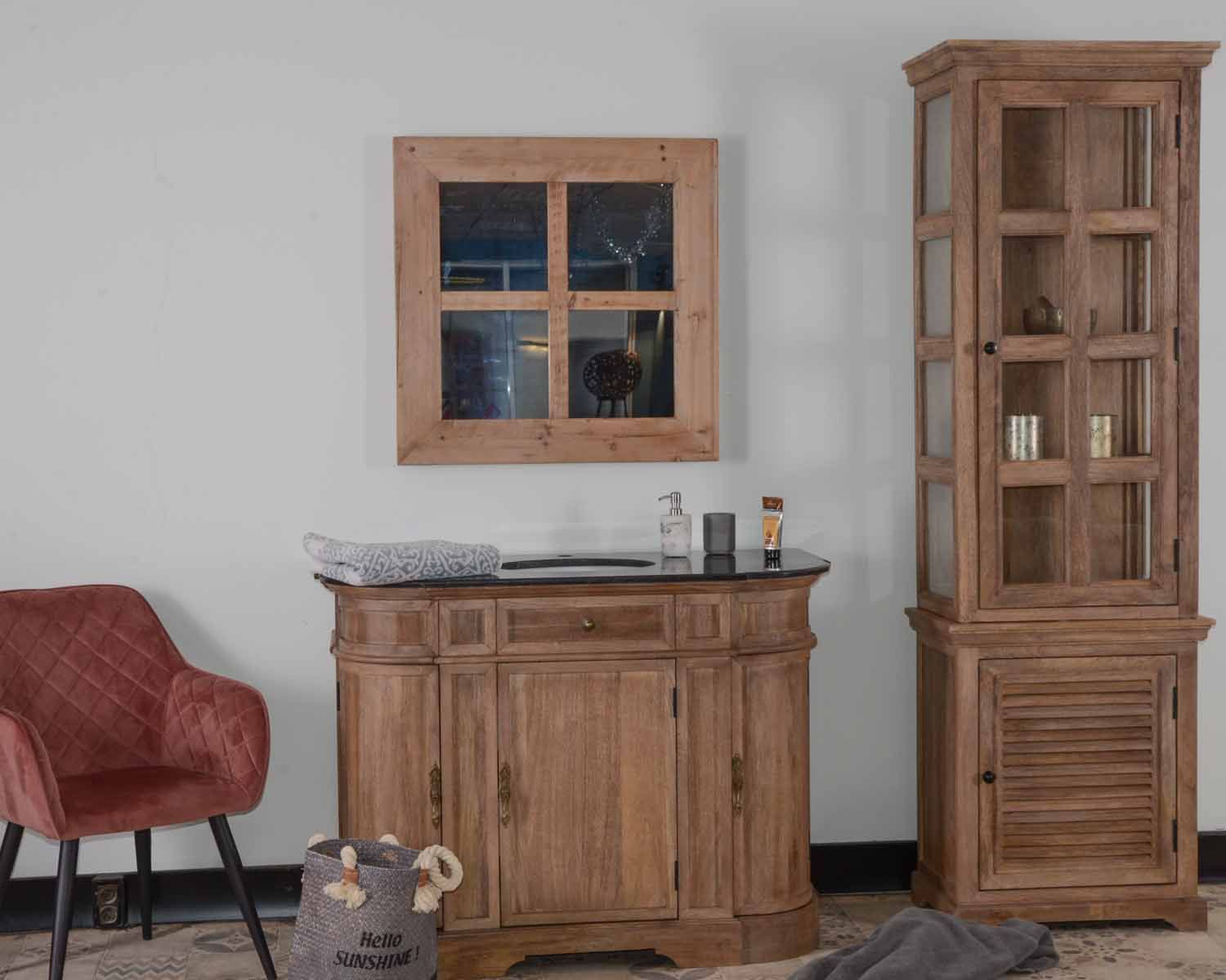 Mobile da bagno "Églantine" in legno massiccio arrotondato con 1 lavabo in pietra