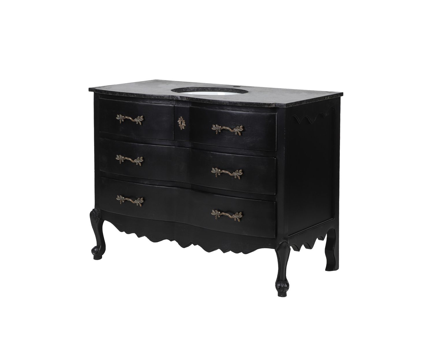 Mobile da bagno in legno di mango nero e pietra con cassetti e cassettiera in stile retrò 