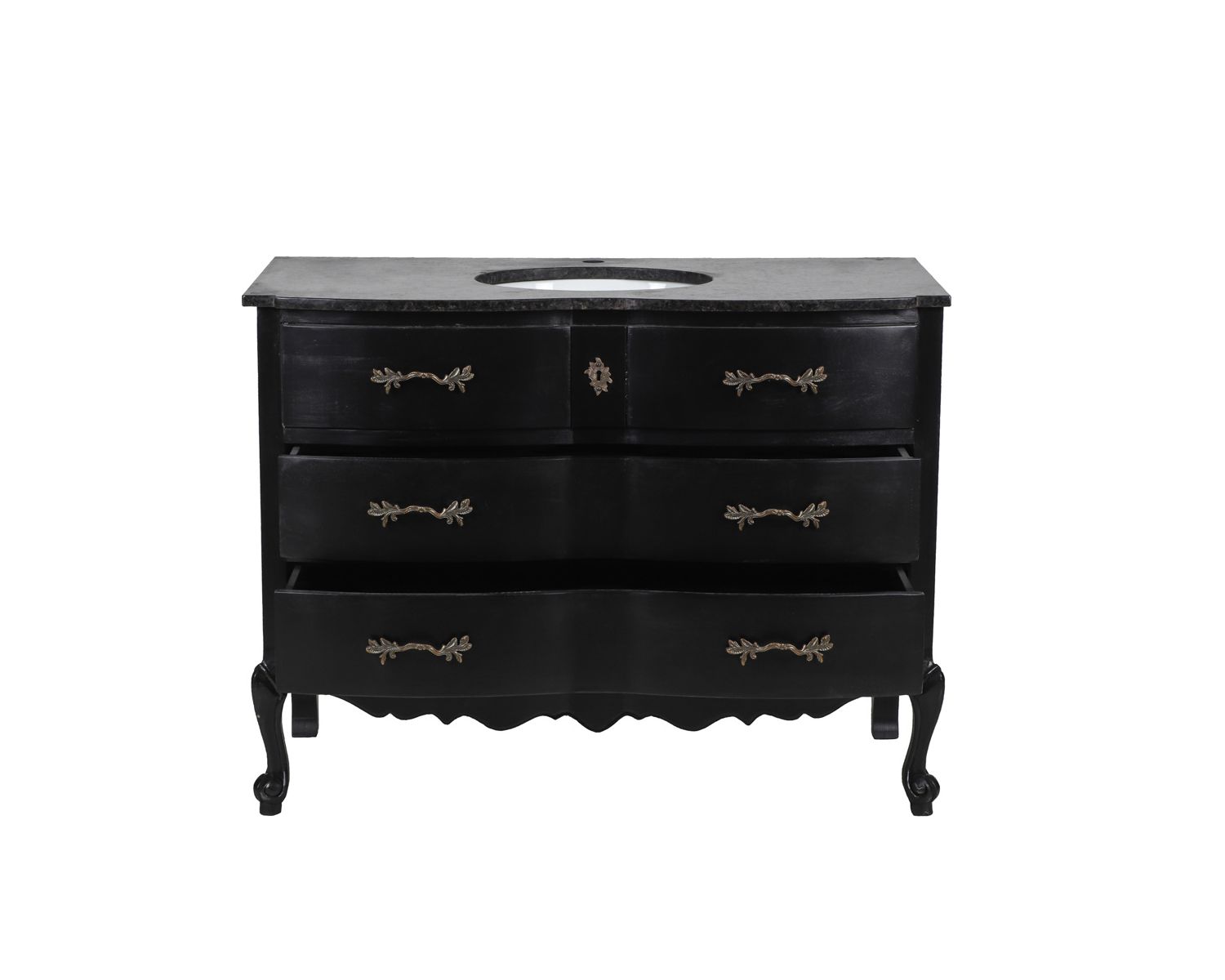 Mobile da bagno in legno di mango nero e pietra con cassetti e cassettiera in stile retrò 