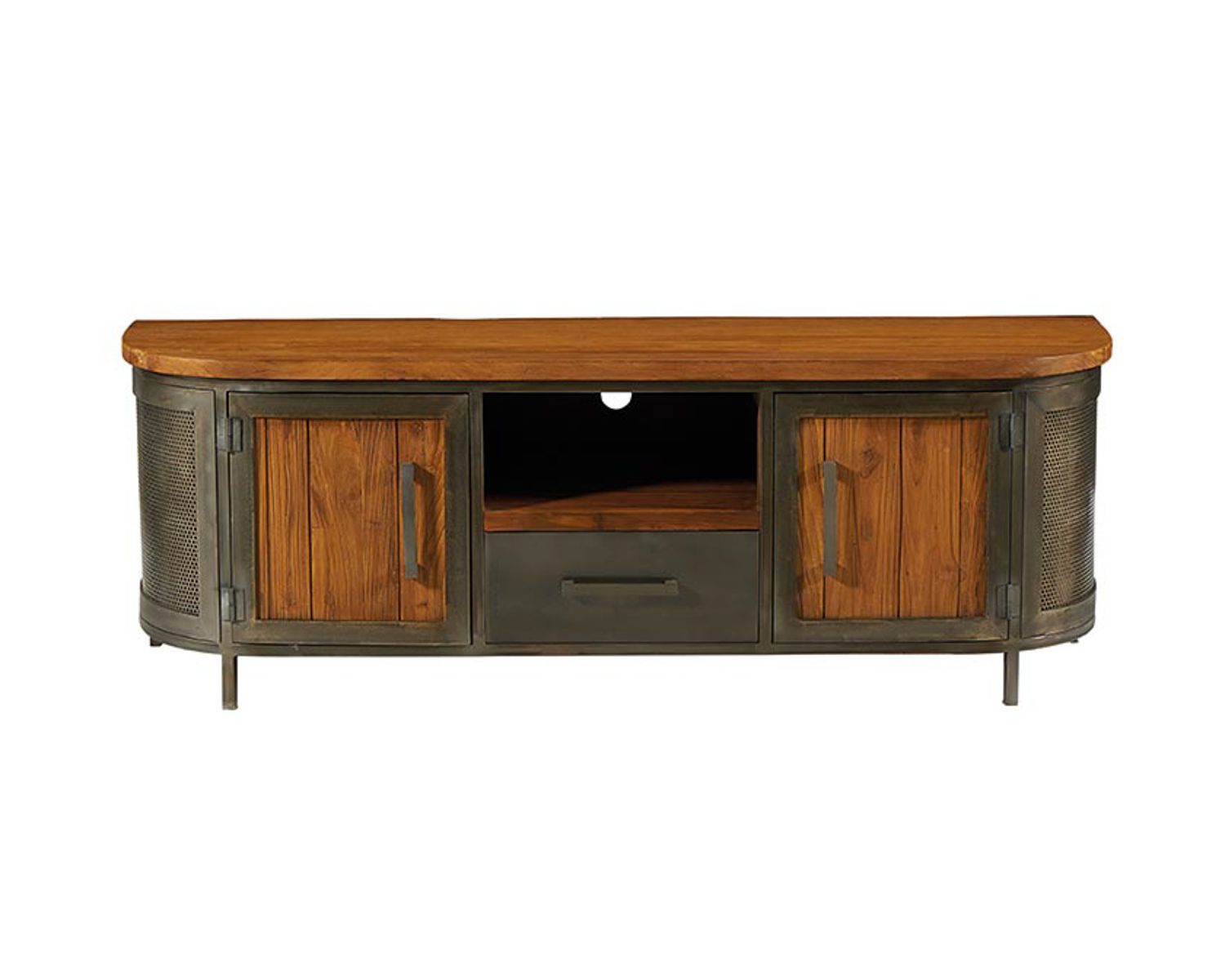 Mobile TV industriale "Hepley" in teak massiccio di recupero e metallo