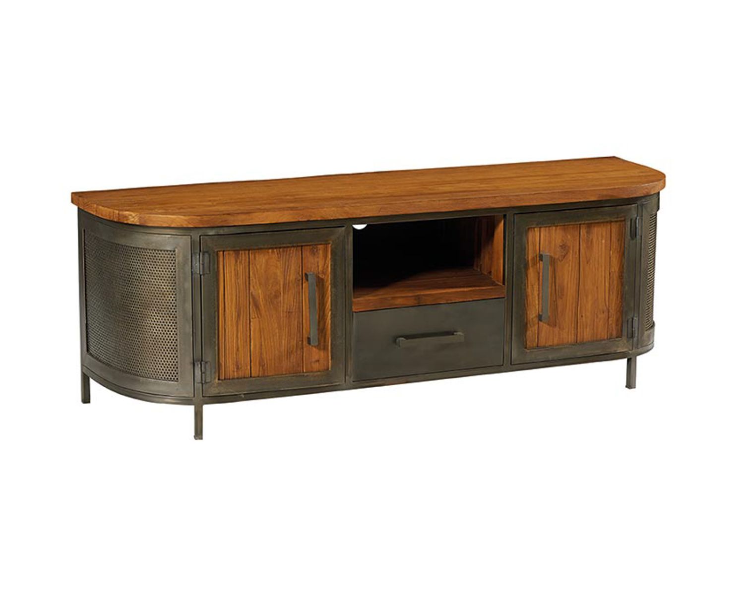 Mobile TV industriale "Hepley" in teak massiccio di recupero e metallo