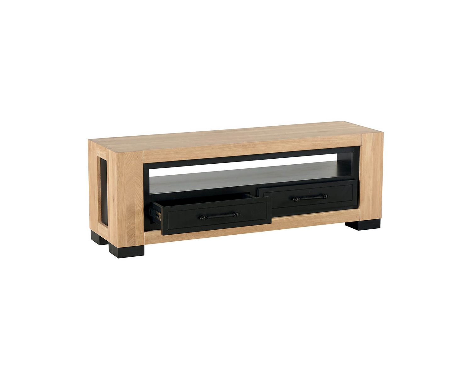 Mobile TV "Cleveland" da 140 cm in rovere massiccio oliato e MDF laccato nero