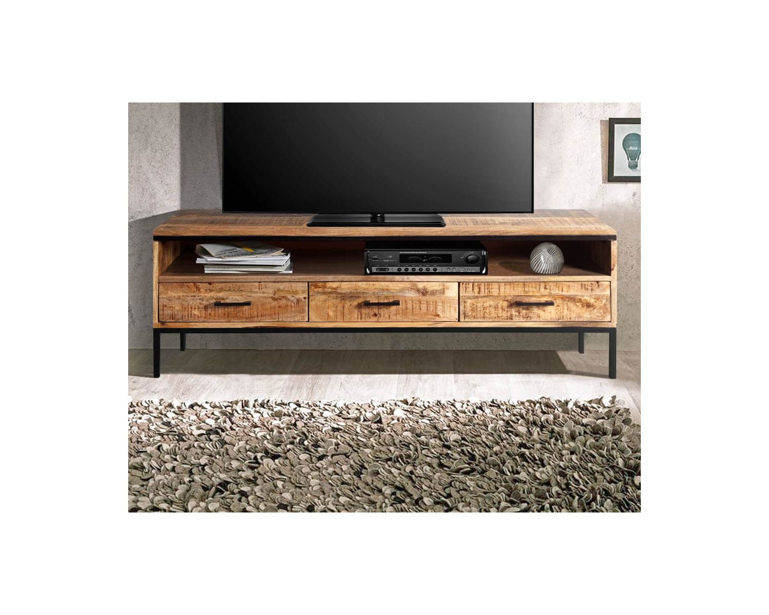 Mobile TV "Mango" in legno massiccio di mango e metallo in stile elegante 