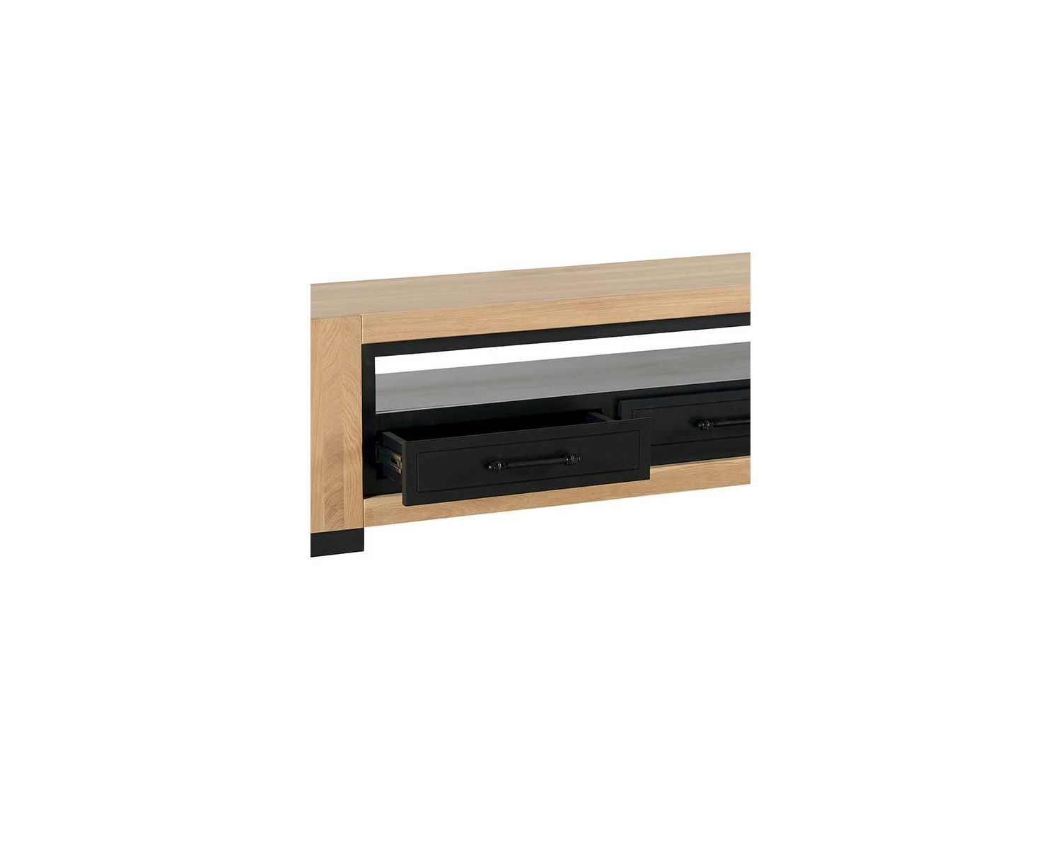 Mobile TV "Cleveland" da 140 cm in rovere massiccio oliato e MDF laccato nero