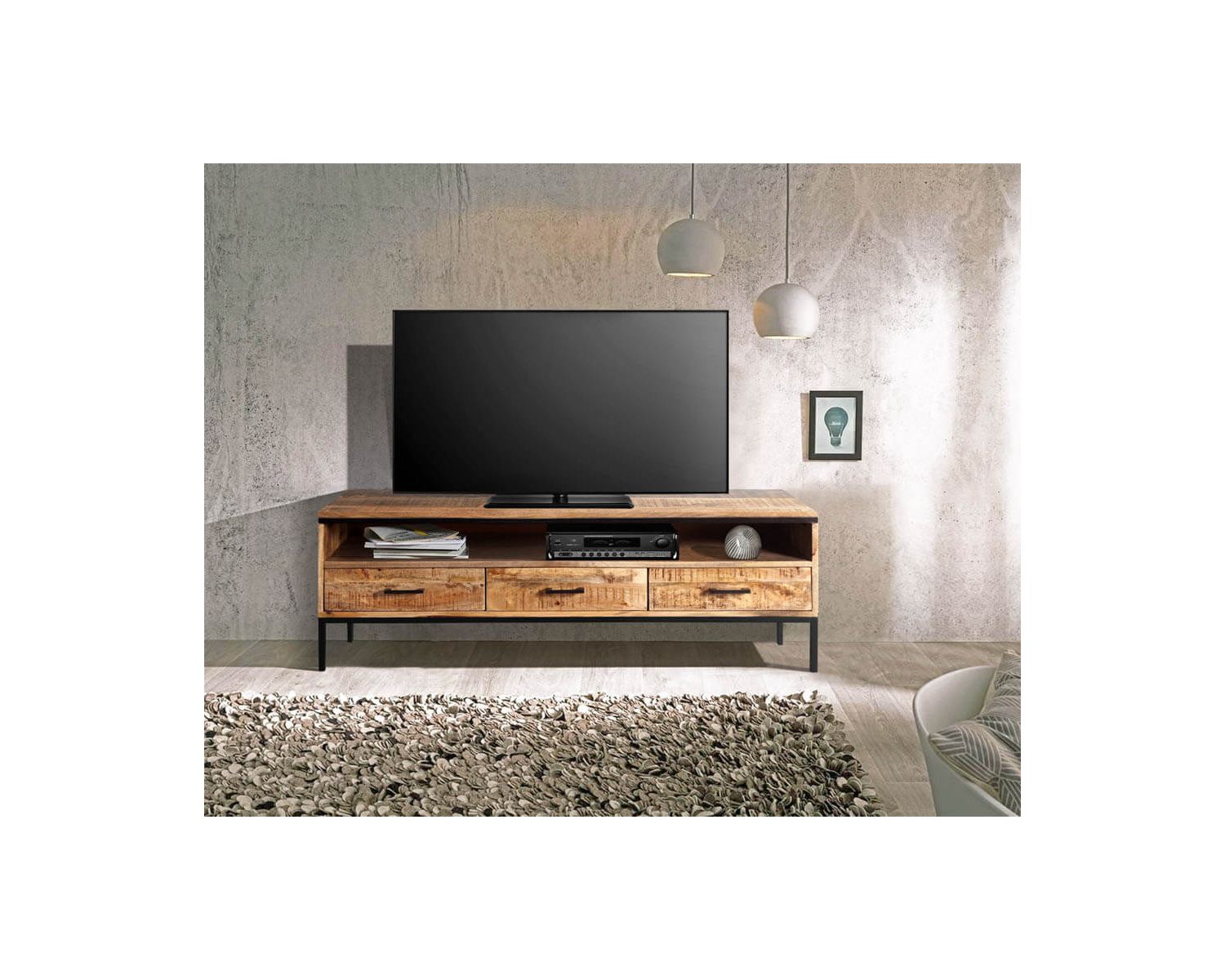 Mobile TV "Mango" in legno massiccio di mango e metallo in stile elegante 