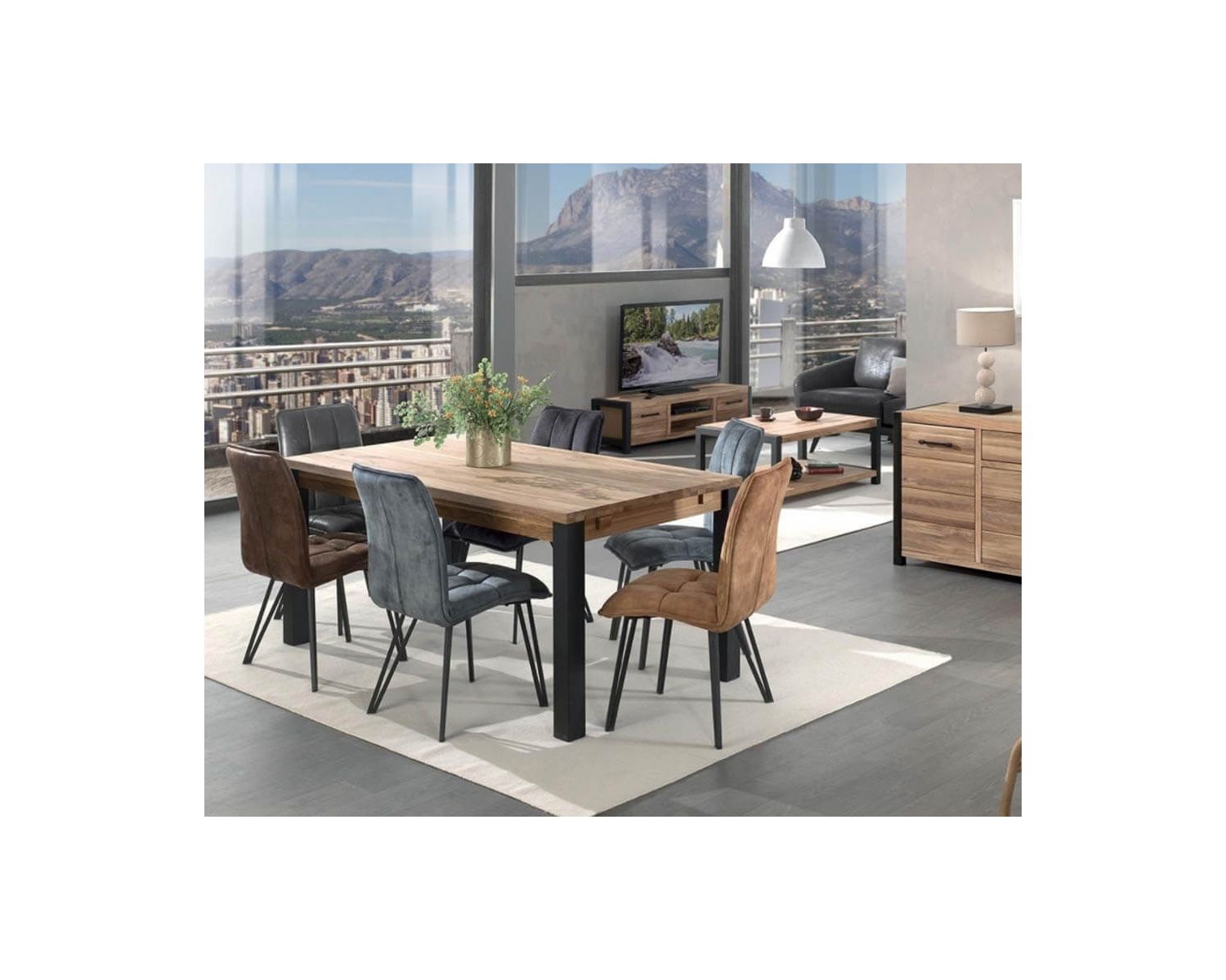 Tavolo da pranzo allungabile "Catania" in rovere massiccio, metallo oliato nero 180 cm