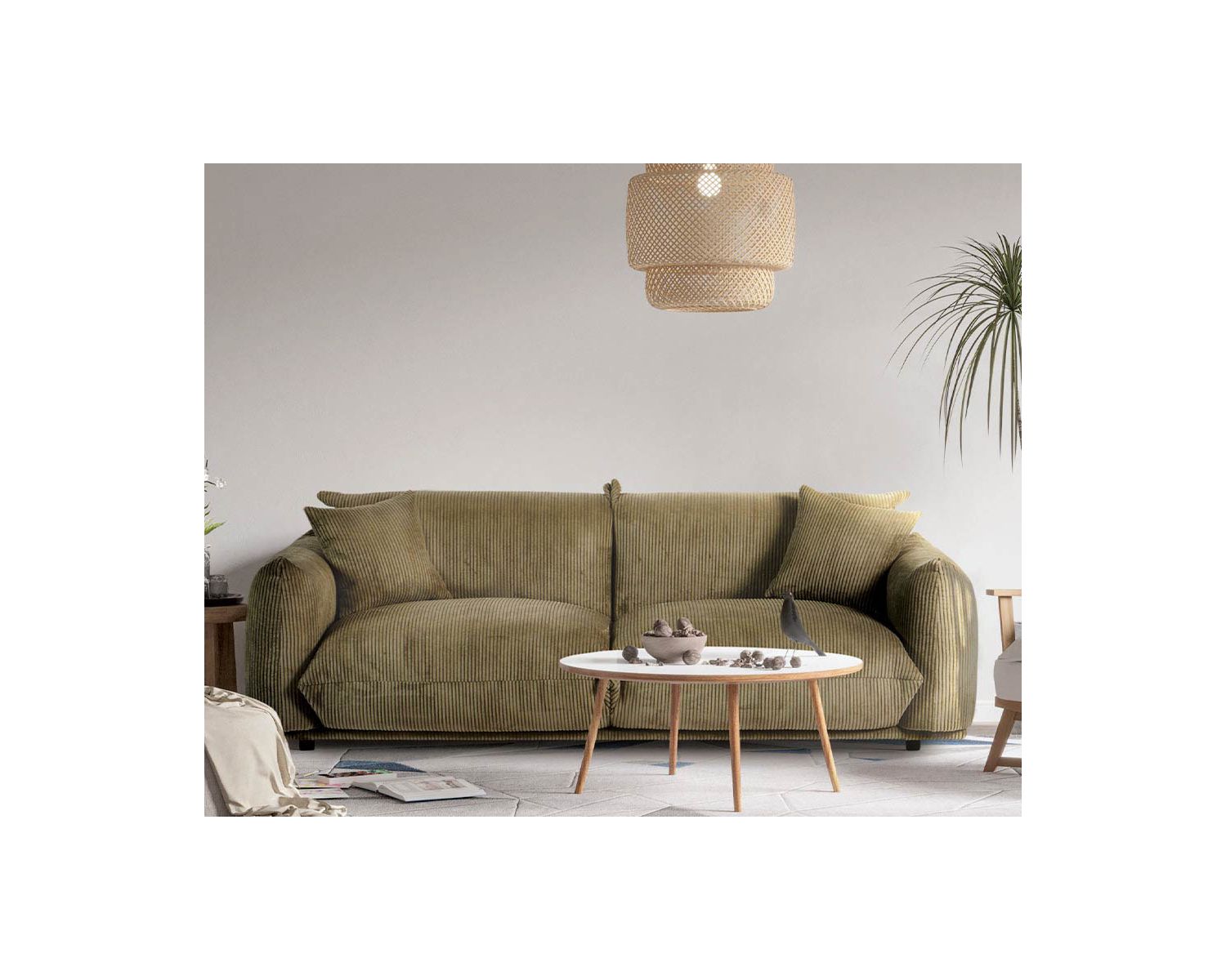 Divano retrò a 3 posti "Moon" in velluto verde cachi