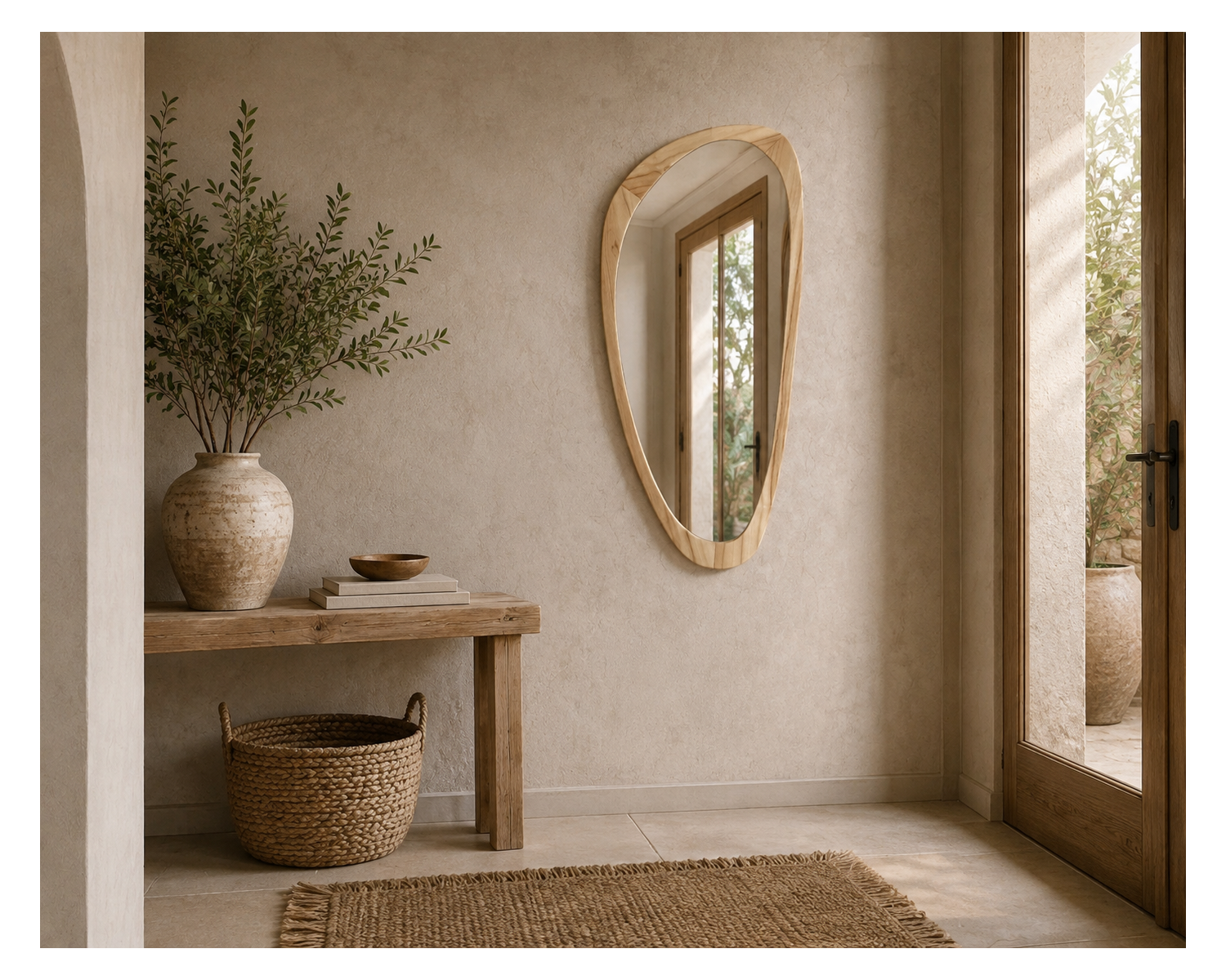 Specchio di forma organica "Solira" con cornice in legno alta 130 cm