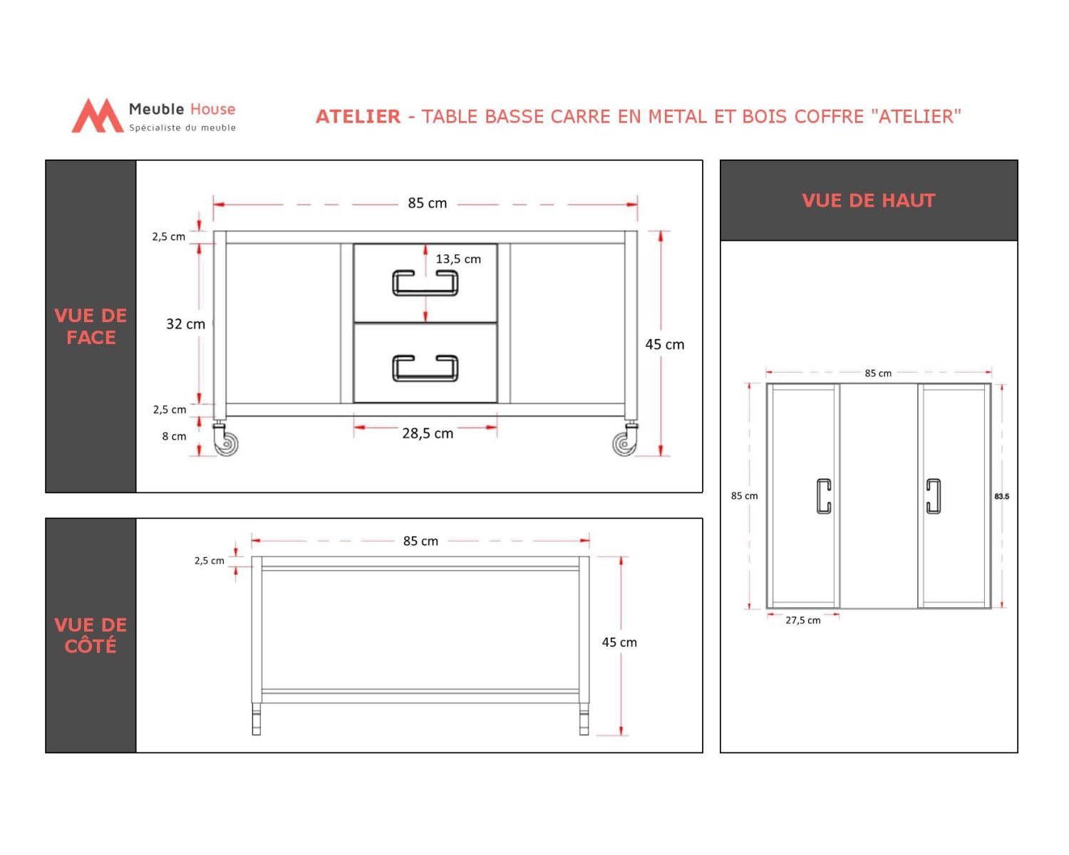 Tavolino quadrato "Atelier" su rotelle in legno di mango e metallo