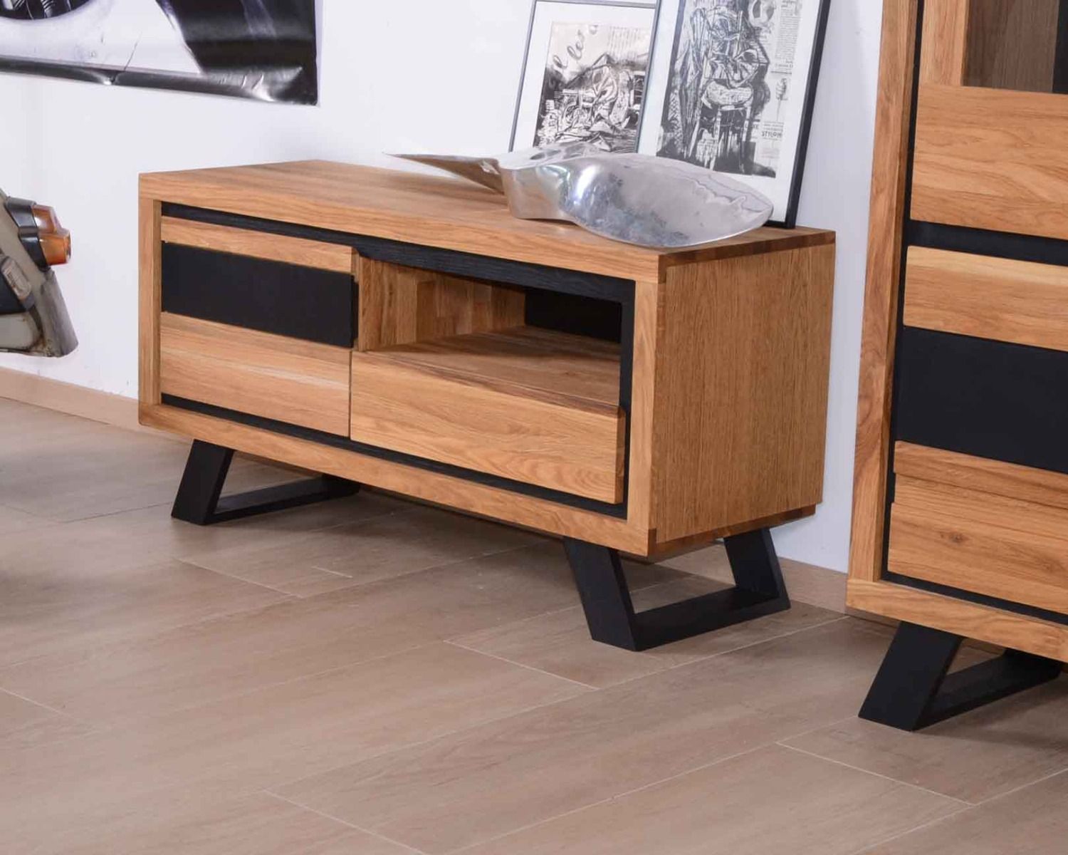 Mobile TV in rovere massiccio "Toly" 1 anta 1 cassetto 1 nicchia