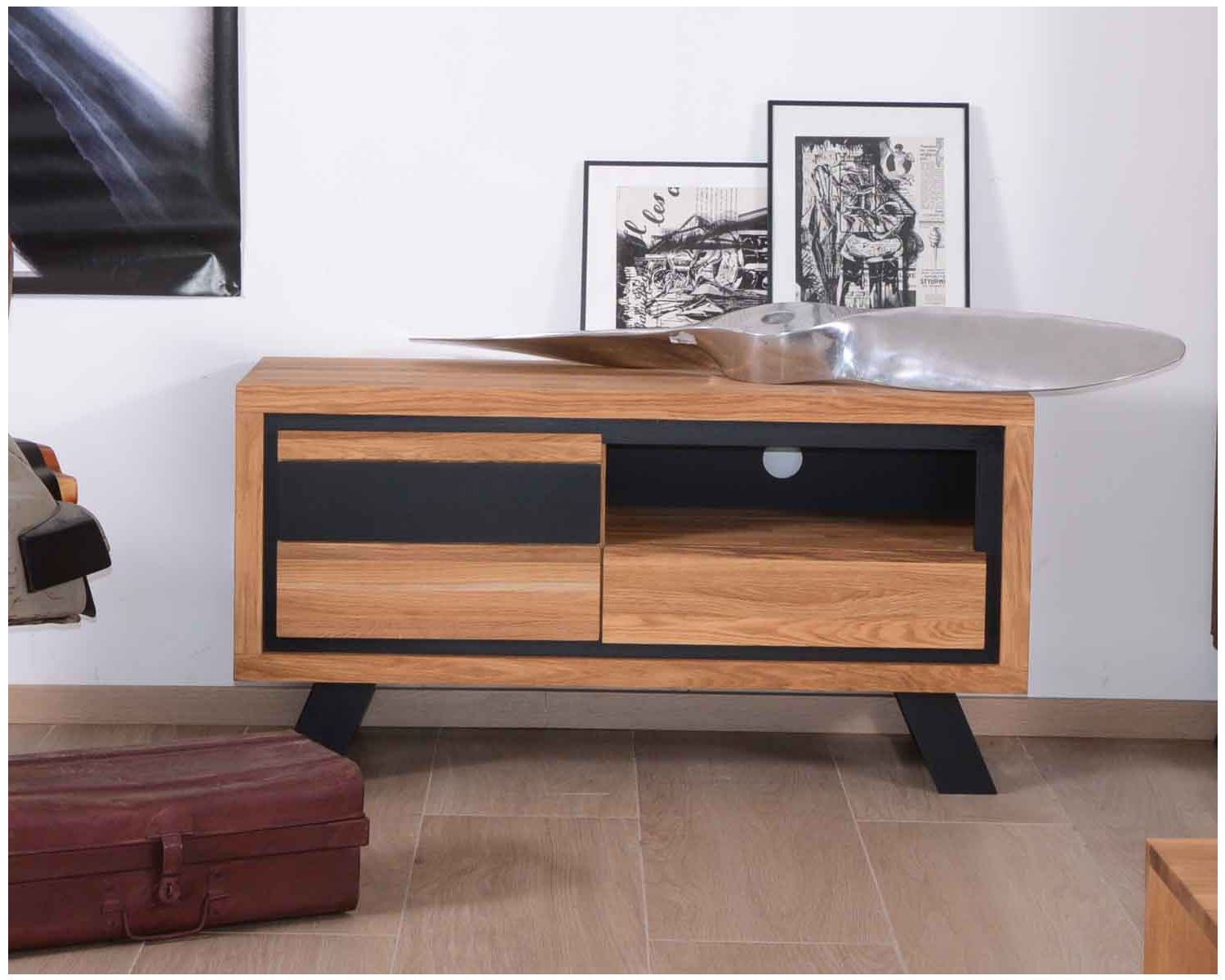 Mobile TV in rovere massiccio "Toly" 1 anta 1 cassetto 1 nicchia