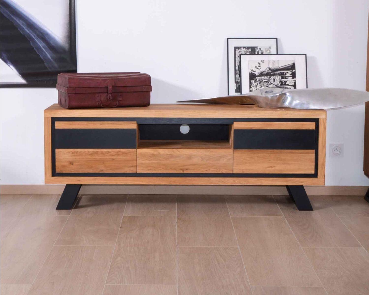 Grande mobile TV moderno in rovere "Toly" 2 ante 1 cassetto 1 nicchia 