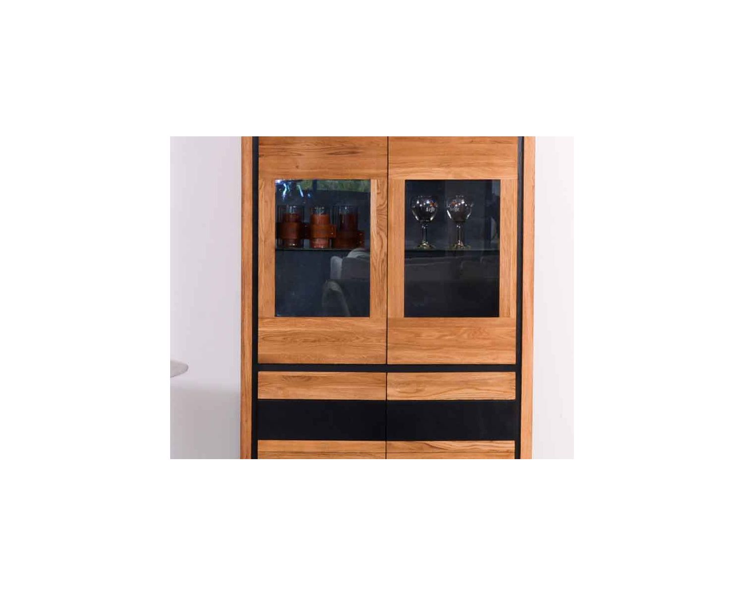 Vetrina "Toly" a 4 ante in rovere massiccio e nero, altezza 152 cm