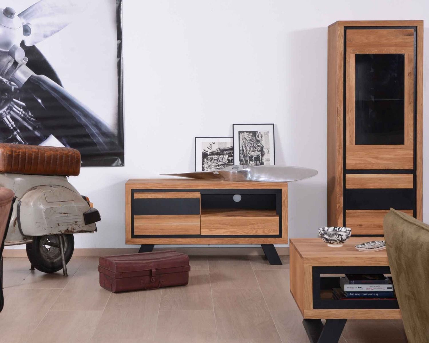 Mobile TV in rovere massiccio "Toly" 1 anta 1 cassetto 1 nicchia