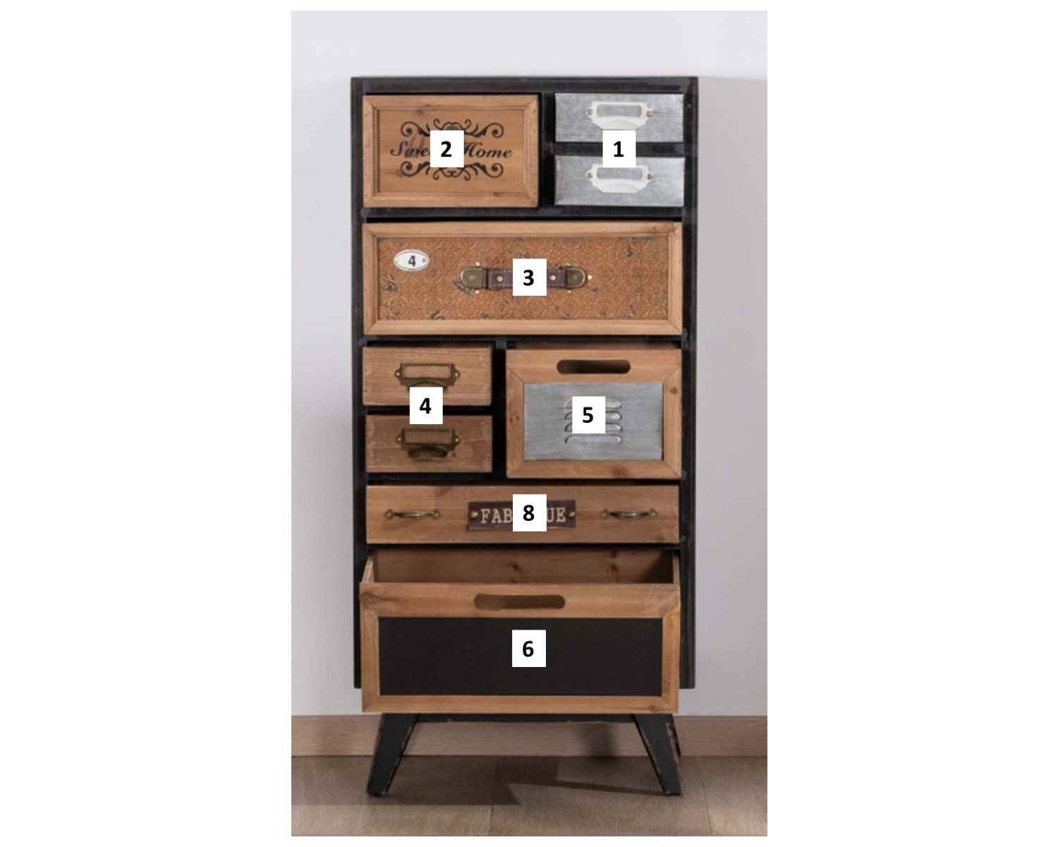 Cassettiera verticale in abete nero e frontali decorati "Mélimélo Indus"