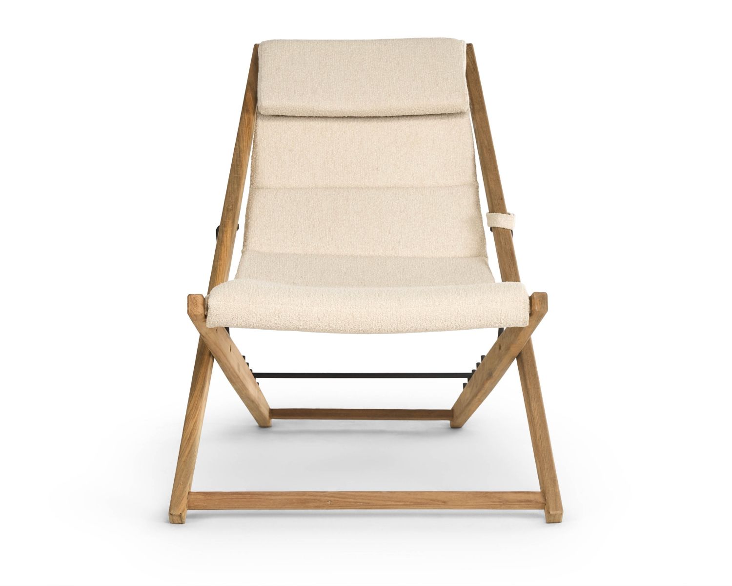 Poltrona perla regolabile in tessuto bouclé écru "Alizé" in teak massiccio
