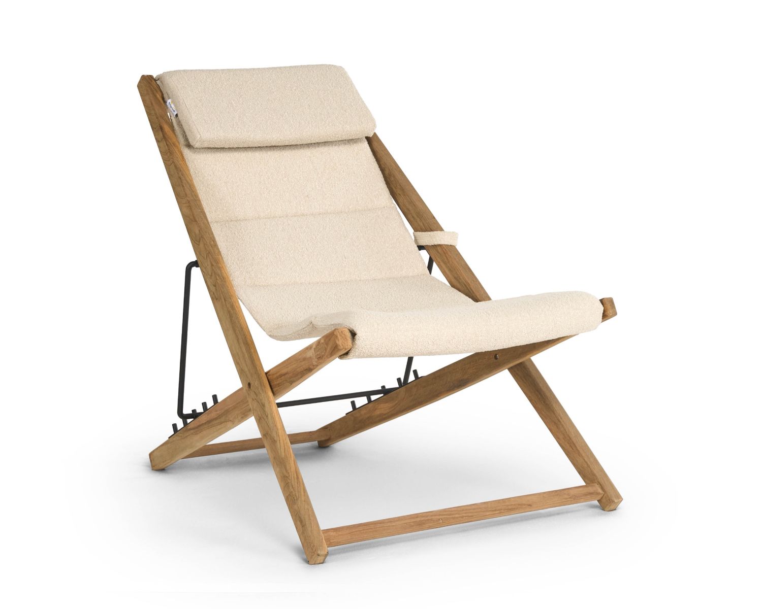 Poltrona perla regolabile in tessuto bouclé écru "Alizé" in teak massiccio