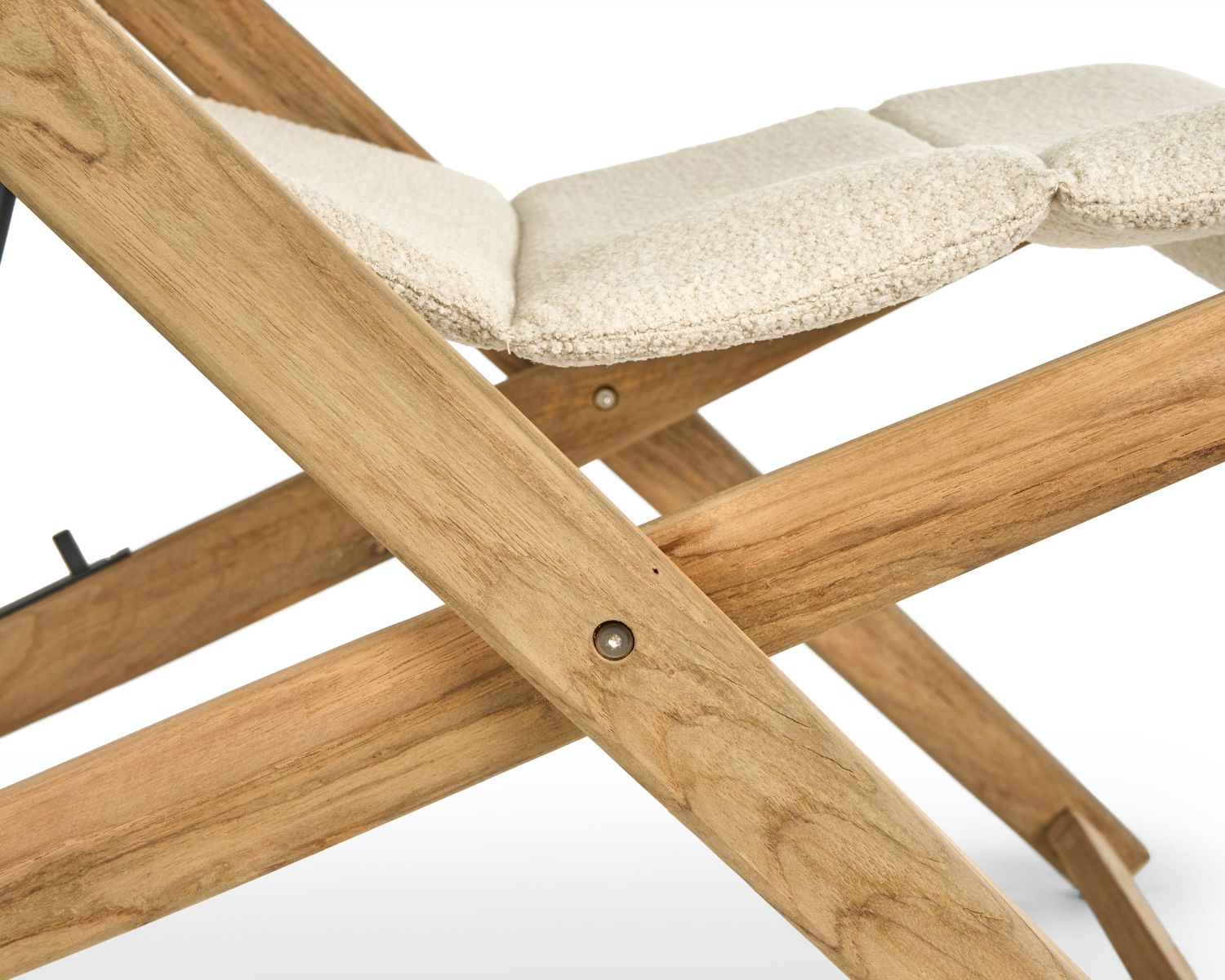 Poltrona perla regolabile in tessuto bouclé écru "Alizé" in teak massiccio