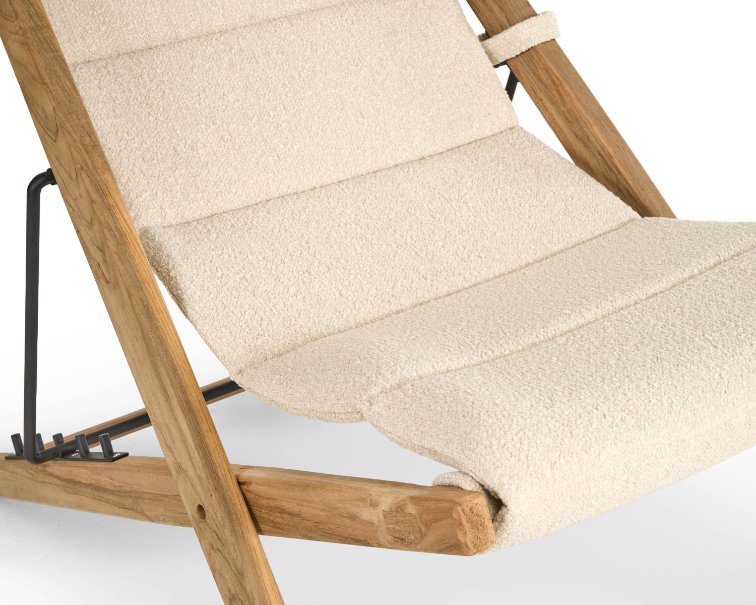 Poltrona perla regolabile in tessuto bouclé écru "Alizé" in teak massiccio
