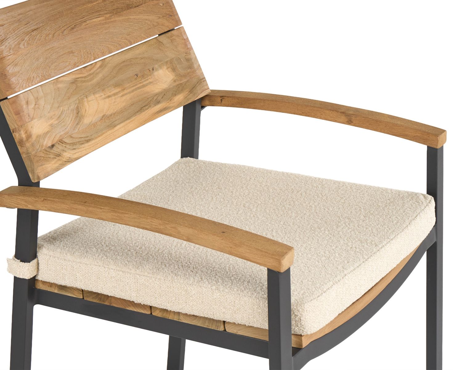 Sedia da giardino di alta gamma in teak e alluminio "Chair'ming" con cuscino in tessuto bouclé écru