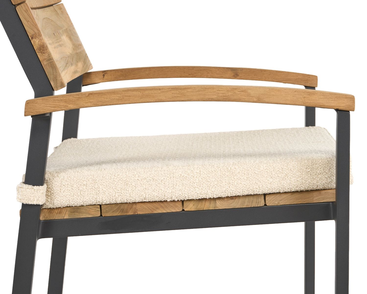 Sedia da giardino di alta gamma in teak e alluminio "Chair'ming" con cuscino in tessuto bouclé écru